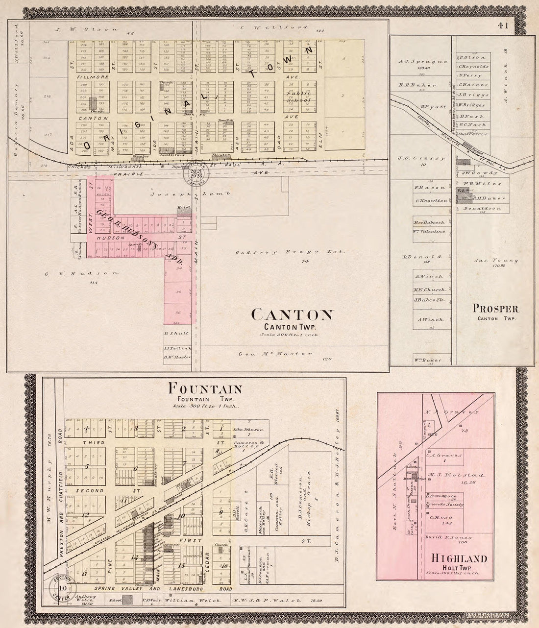 Canton, Fountain, &amp; Prosper from Standard Atlas of Fillmore County, Minnesota : Including a Plat Book of the Villages, Cities and Townships of the County, Map of the State, United States and World : Farmers Directory, Reference … 1896 by Relic Map Company