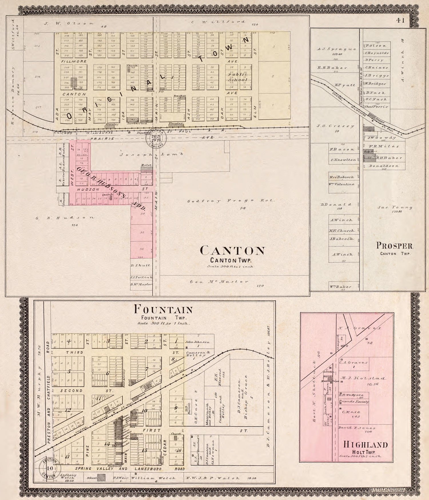 Canton, Fountain, &amp; Prosper from Standard Atlas of Fillmore County, Minnesota : Including a Plat Book of the Villages, Cities and Townships of the County, Map of the State, United States and World : Farmers Directory, Reference … 1896 by Relic Map Company