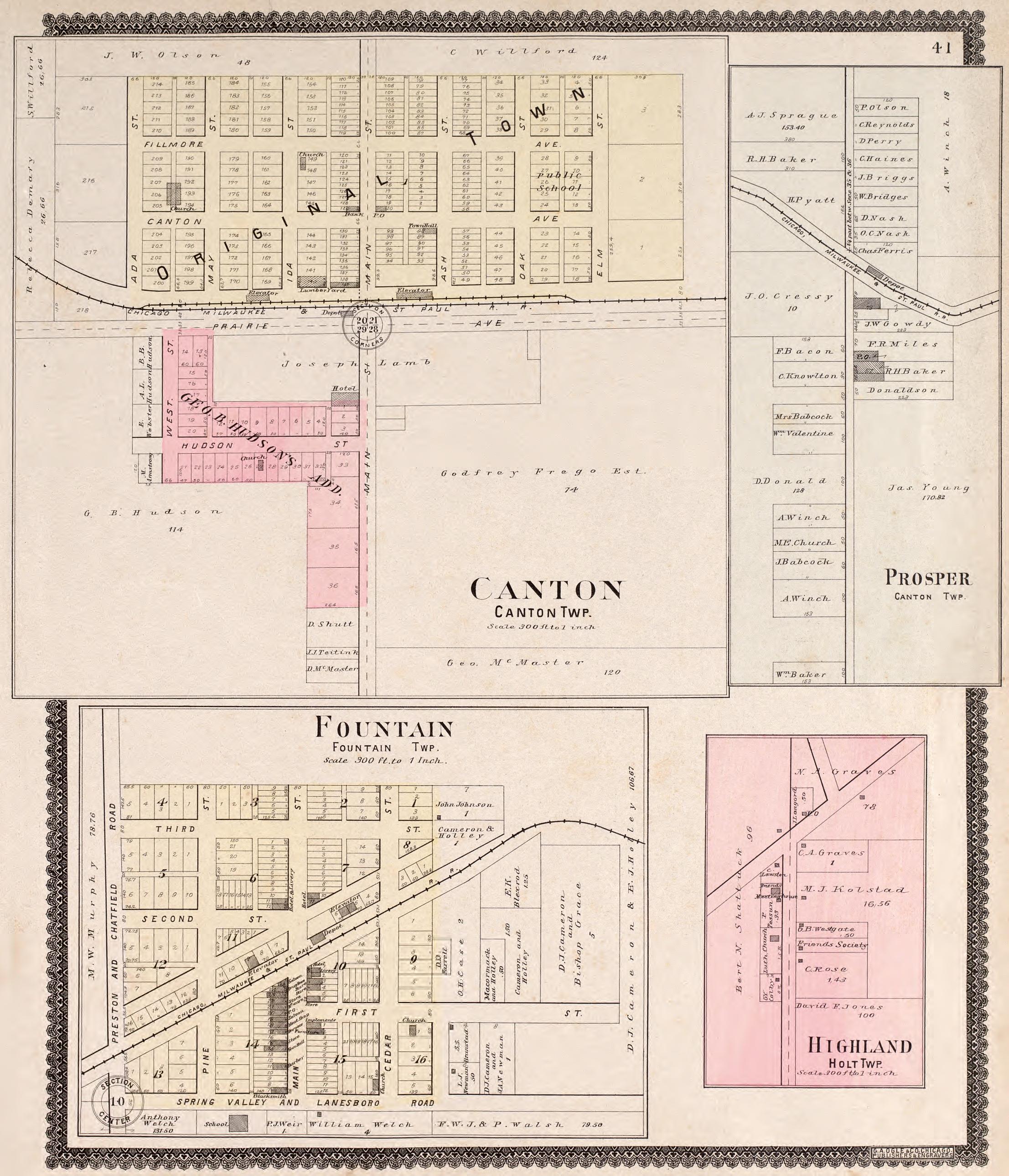 Canton, Fountain, &amp; Prosper from Standard Atlas of Fillmore County, Minnesota : Including a Plat Book of the Villages, Cities and Townships of the County, Map of the State, United States and World : Farmers Directory, Reference … 1896 by Relic Map Company