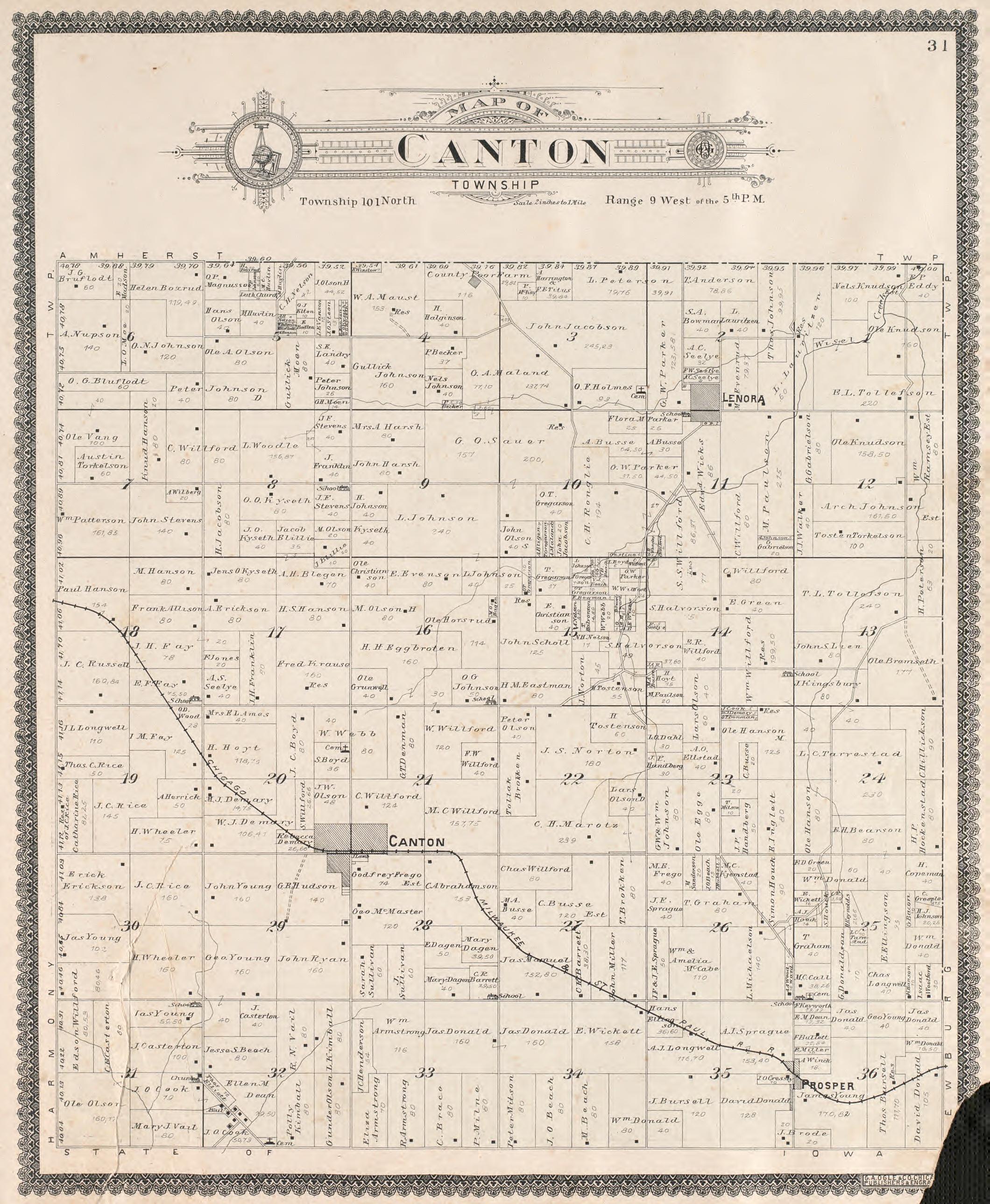 Canton Township from Standard Atlas of Fillmore County, Minnesota : Including a Plat Book of the Villages, Cities and Townships of the County, Map of the State, United States and World : Farmers Directory, Reference … 1896 by Relic Map Company