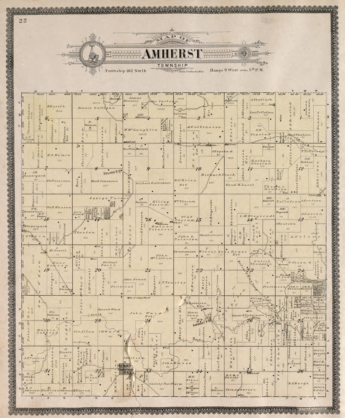 Amherst Township from Standard Atlas of Fillmore County, Minnesota : Including a Plat Book of the Villages, Cities and Townships of the County, Map of the State, United States and World : Farmers Directory, Reference … 1896 by Relic Map Company