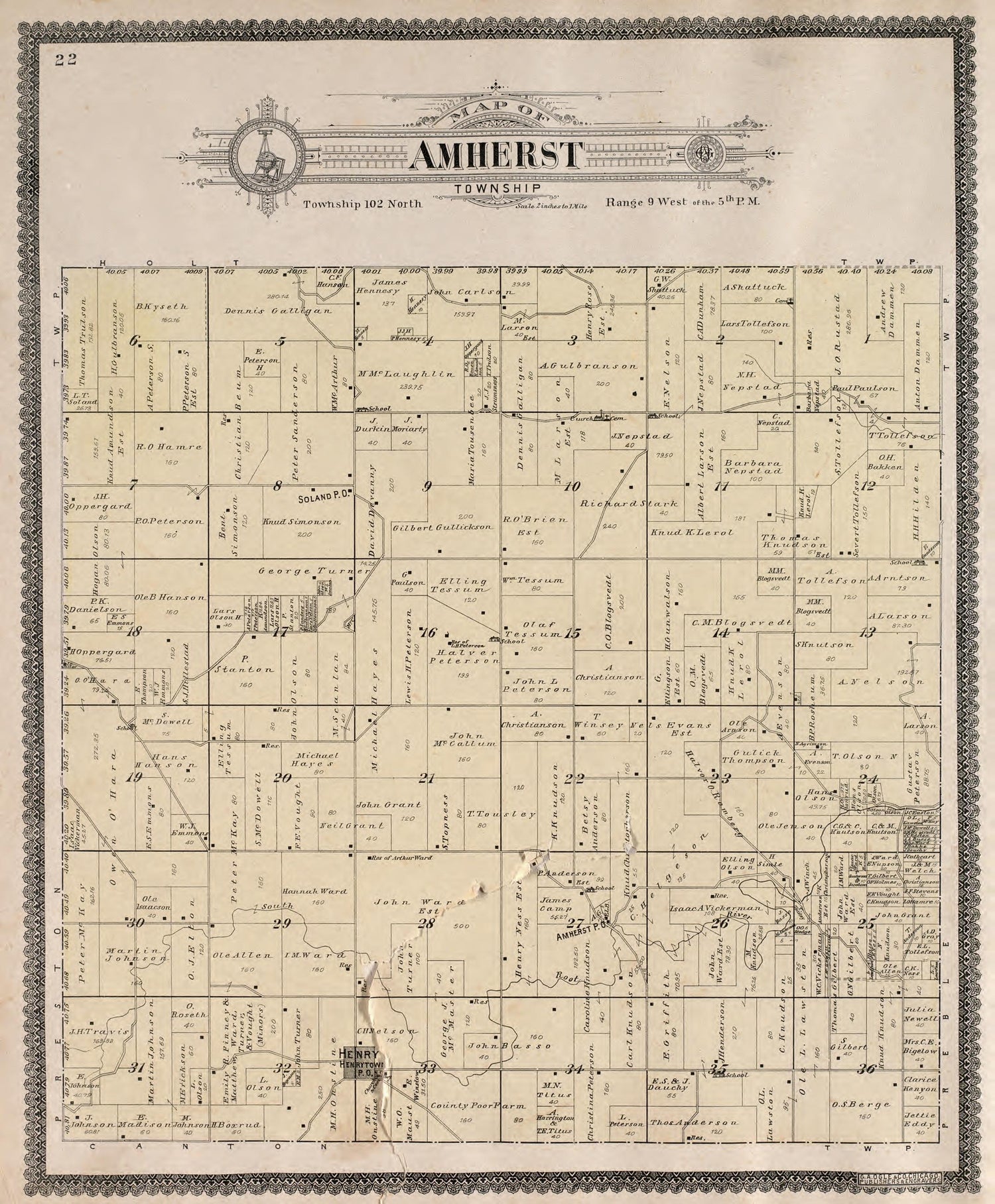 Amherst Township from Standard Atlas of Fillmore County, Minnesota : Including a Plat Book of the Villages, Cities and Townships of the County, Map of the State, United States and World : Farmers Directory, Reference … 1896 by Relic Map Company