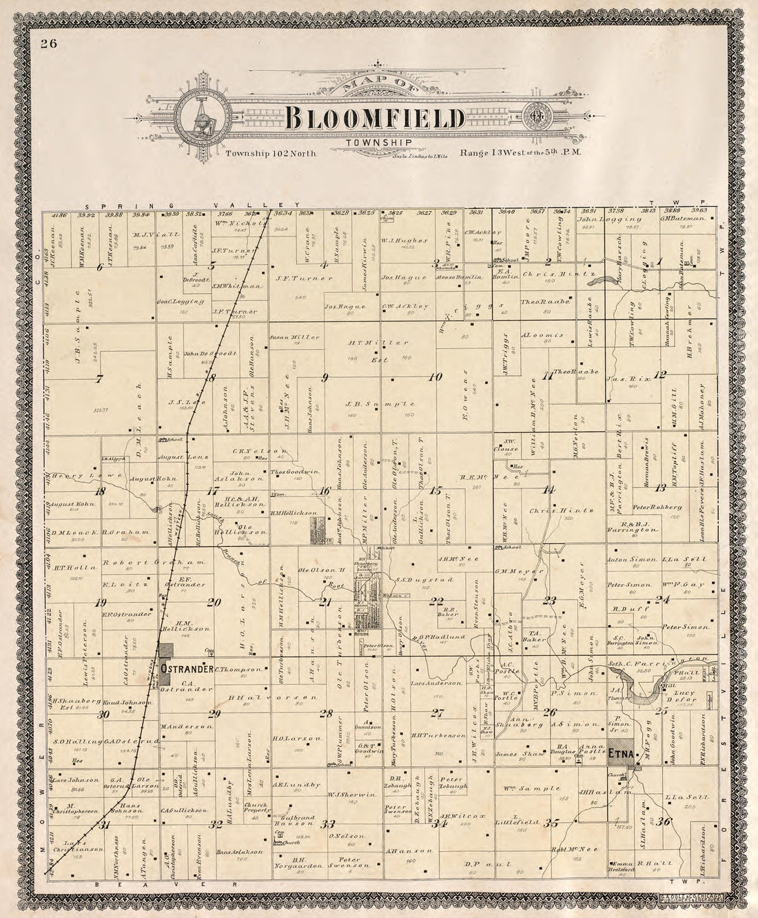 Bloomfield Township from Standard Atlas of Fillmore County, Minnesota : Including a Plat Book of the Villages, Cities and Townships of the County, Map of the State, United States and World : Farmers Directory, Reference … 1896 by Relic Map Company