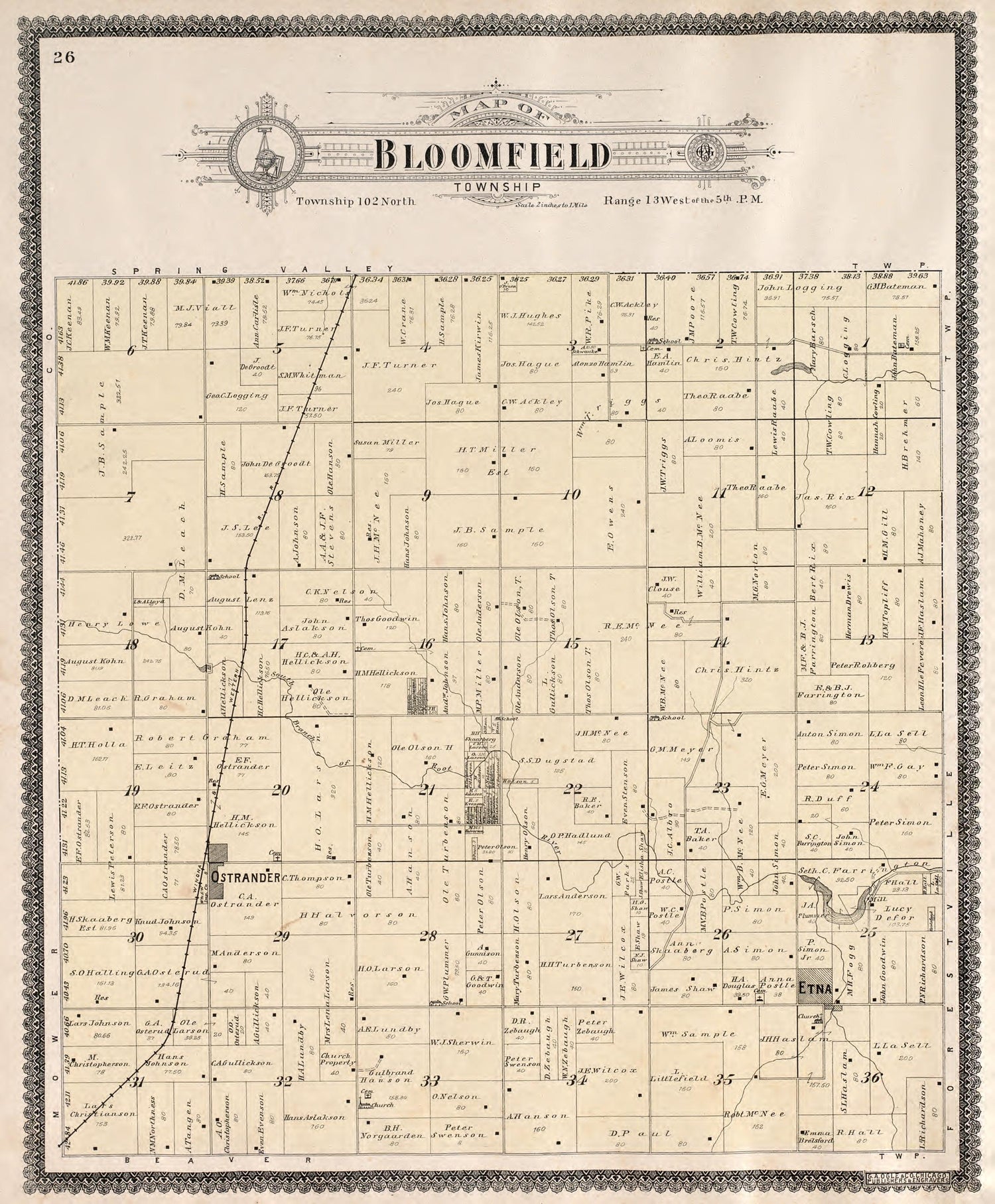 Bloomfield Township from Standard Atlas of Fillmore County, Minnesota : Including a Plat Book of the Villages, Cities and Townships of the County, Map of the State, United States and World : Farmers Directory, Reference … 1896 by Relic Map Company