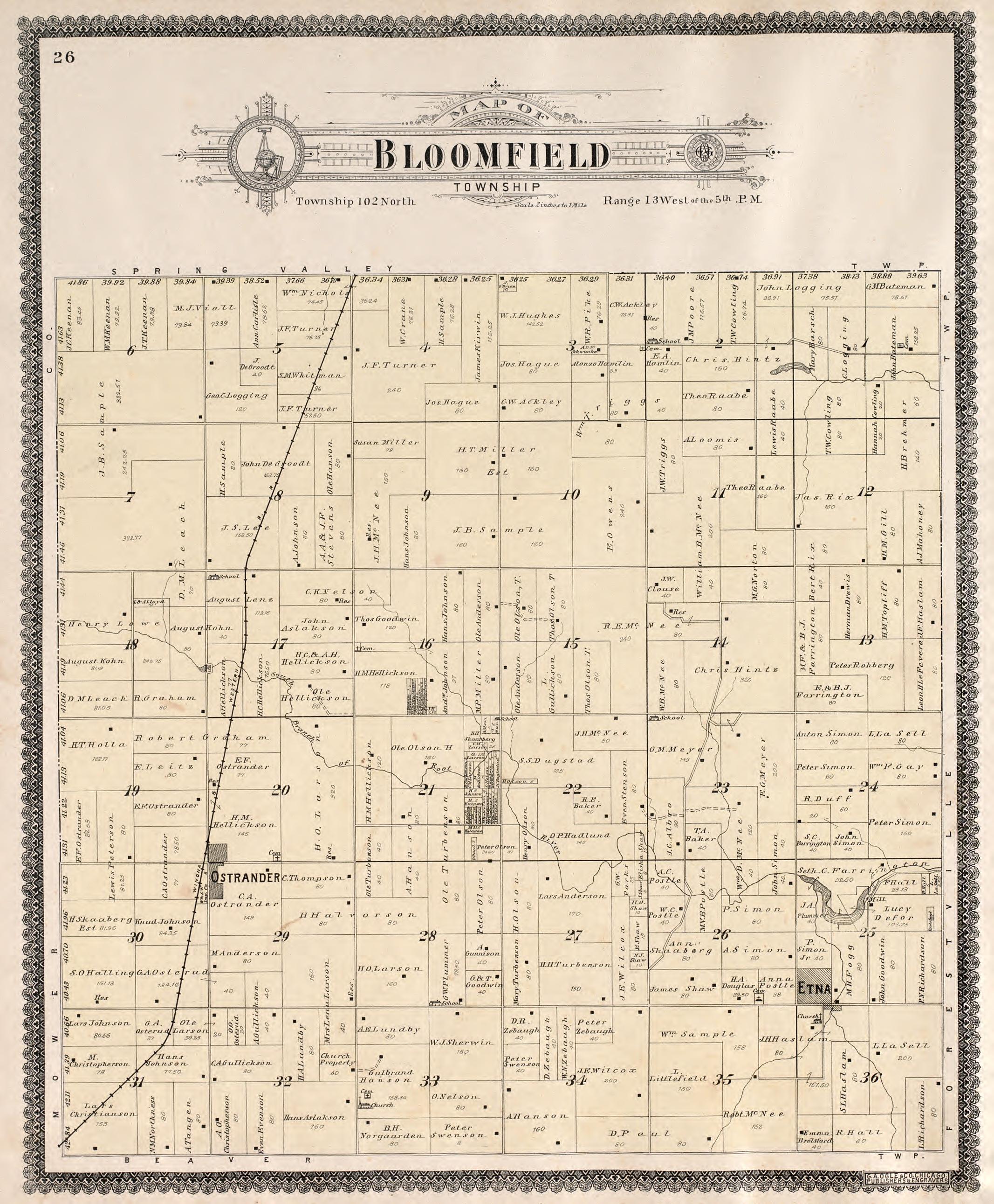 Bloomfield Township from Standard Atlas of Fillmore County, Minnesota : Including a Plat Book of the Villages, Cities and Townships of the County, Map of the State, United States and World : Farmers Directory, Reference … 1896 by Relic Map Company