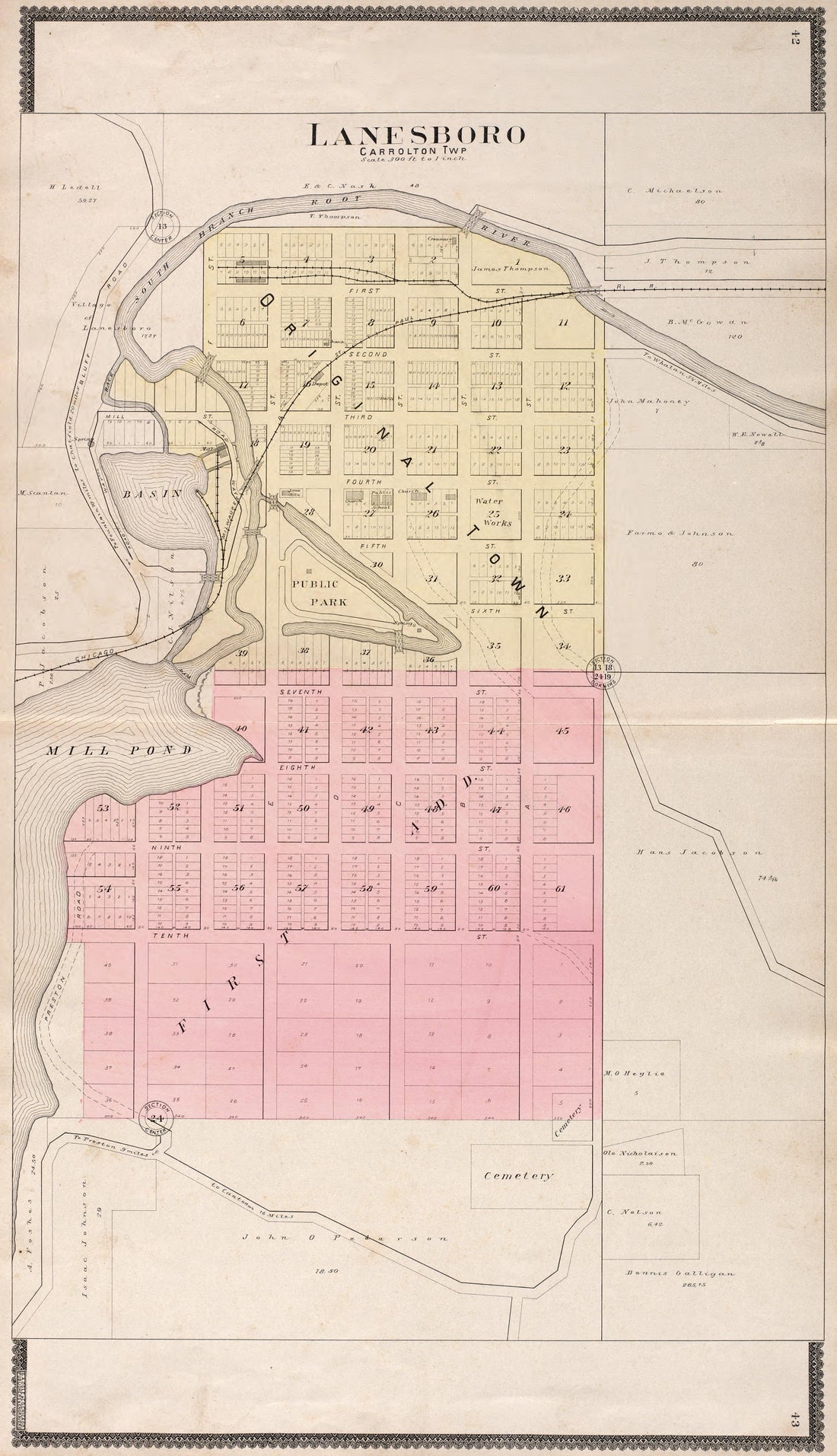 Lanesboro (Carrolton Township) from Standard Atlas of Fillmore County, Minnesota : Including a Plat Book of the Villages, Cities and Townships of the County, Map of the State, United States and World : Farmers Directory, Reference … 1896 by Relic Map Company