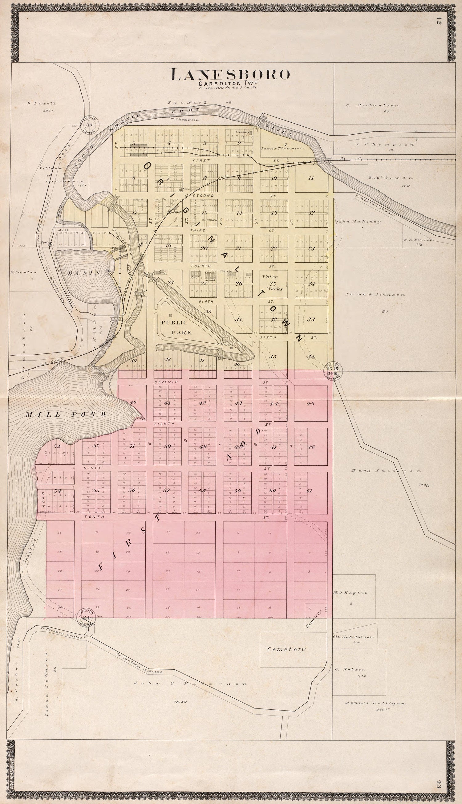 Lanesboro (Carrolton Township) from Standard Atlas of Fillmore County, Minnesota : Including a Plat Book of the Villages, Cities and Townships of the County, Map of the State, United States and World : Farmers Directory, Reference … 1896 by Relic Map Company