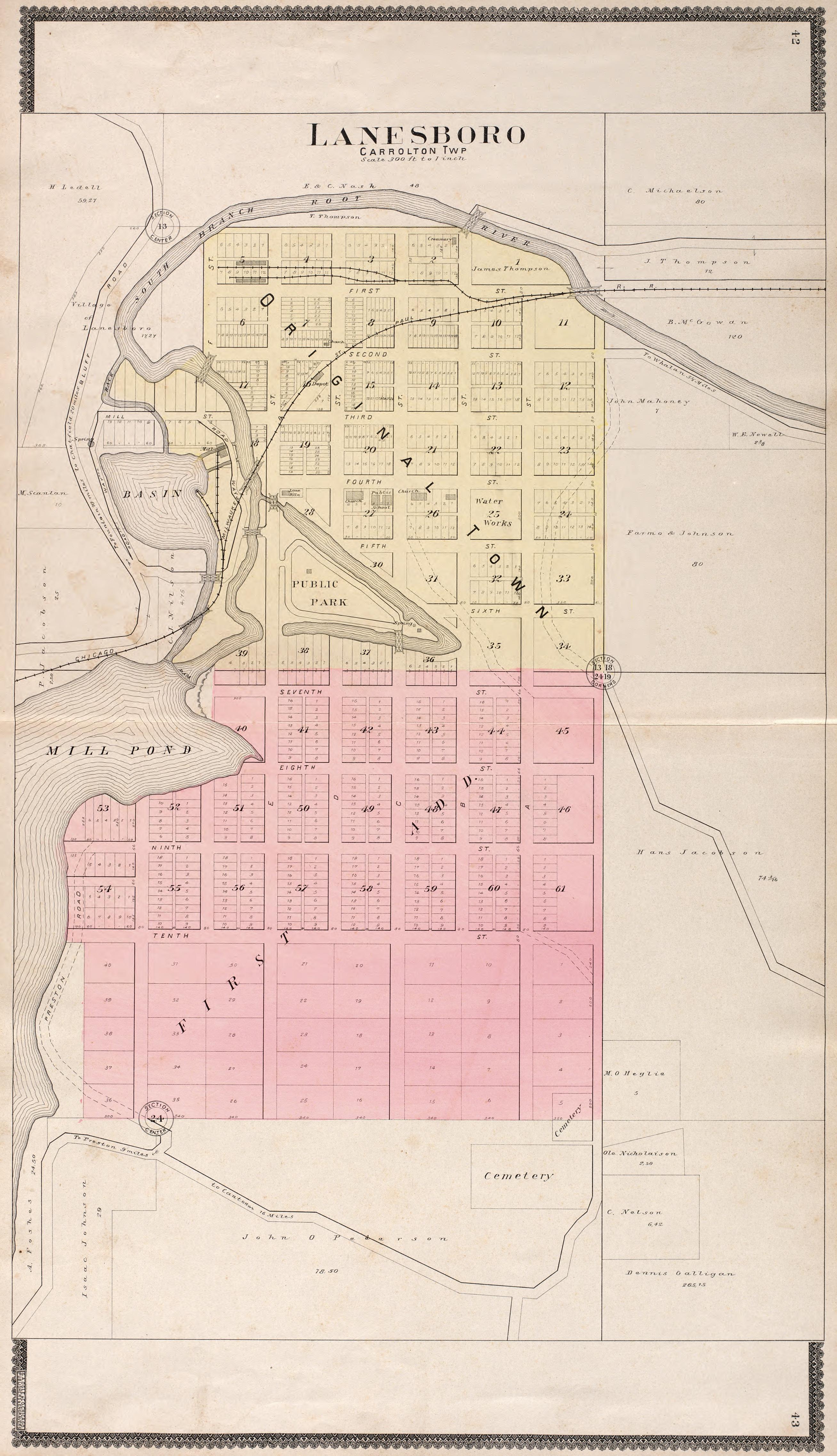 Lanesboro (Carrolton Township) from Standard Atlas of Fillmore County, Minnesota : Including a Plat Book of the Villages, Cities and Townships of the County, Map of the State, United States and World : Farmers Directory, Reference … 1896 by Relic Map Company