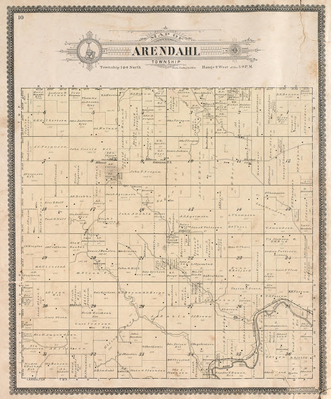 Arendahl Township from Standard Atlas of Fillmore County, Minnesota : Including a Plat Book of the Villages, Cities and Townships of the County, Map of the State, United States and World : Farmers Directory, Reference … 1896 by Relic Map Company