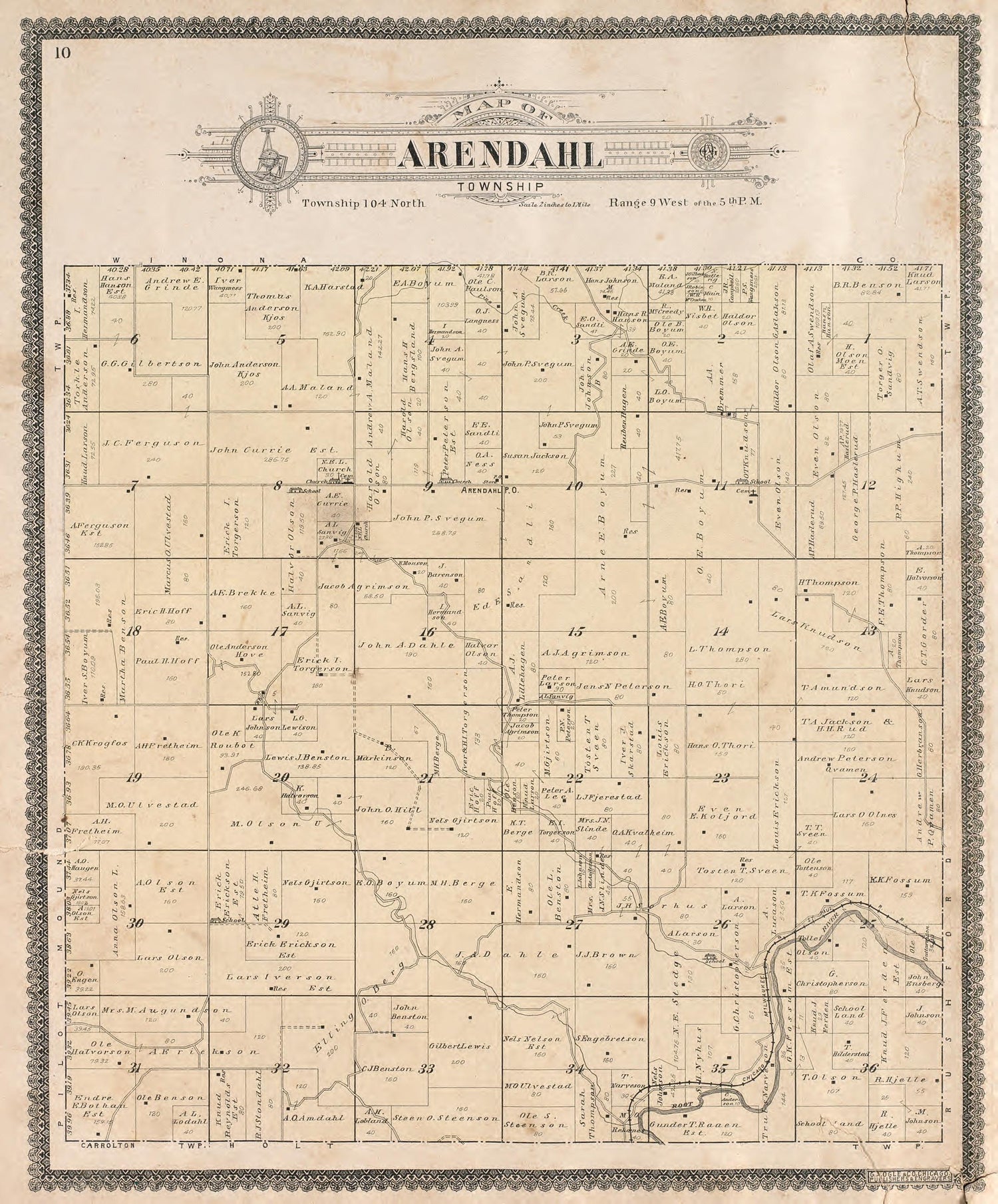 Arendahl Township from Standard Atlas of Fillmore County, Minnesota : Including a Plat Book of the Villages, Cities and Townships of the County, Map of the State, United States and World : Farmers Directory, Reference … 1896 by Relic Map Company