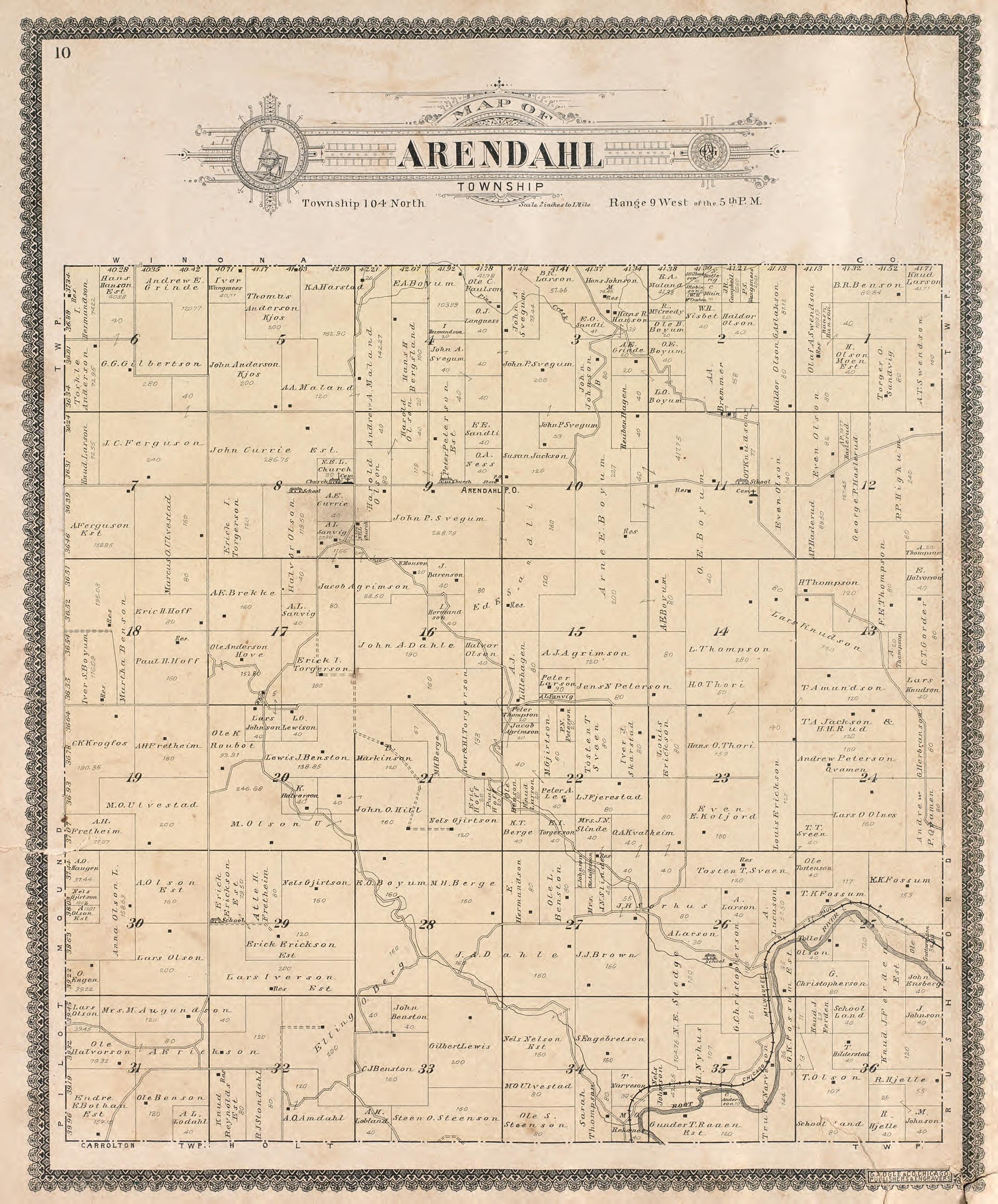 Arendahl Township from Standard Atlas of Fillmore County, Minnesota : Including a Plat Book of the Villages, Cities and Townships of the County, Map of the State, United States and World : Farmers Directory, Reference … 1896 by Relic Map Company
