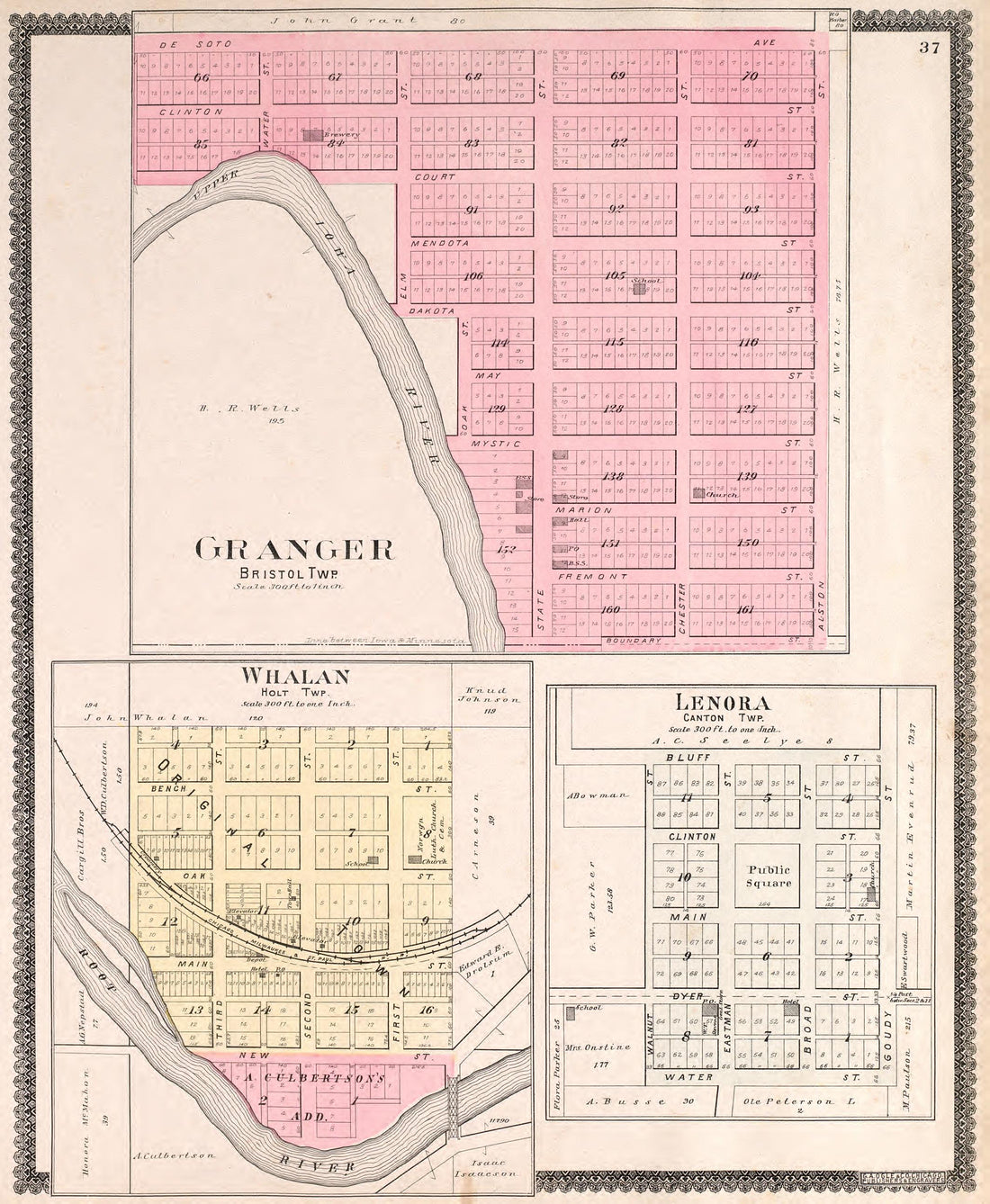 Granger, Whalan, &amp; Lenora from Standard Atlas of Fillmore County, Minnesota : Including a Plat Book of the Villages, Cities and Townships of the County, Map of the State, United States and World : Farmers Directory, Reference … 1896 by Relic Map Company