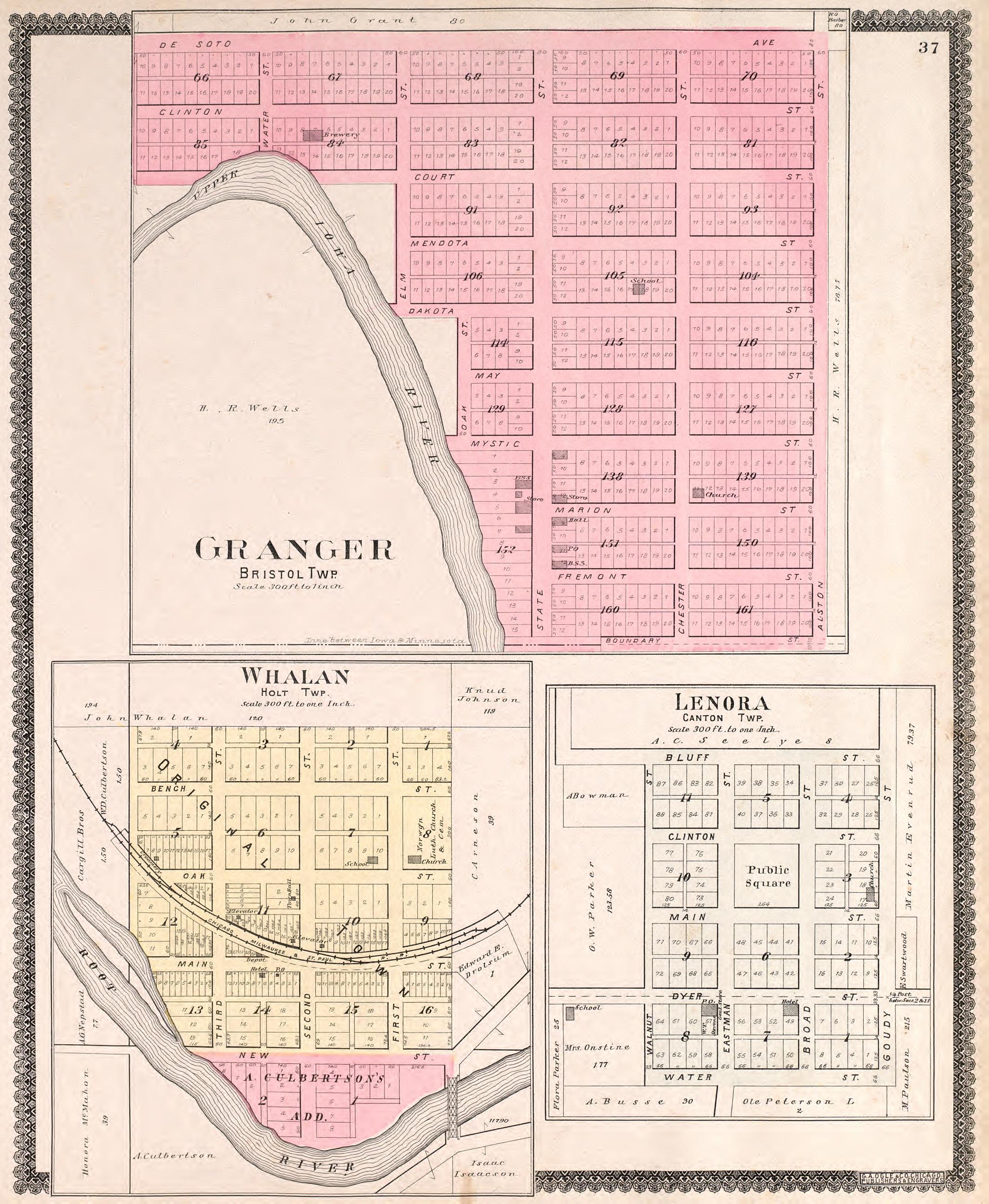 Granger, Whalan, &amp; Lenora from Standard Atlas of Fillmore County, Minnesota : Including a Plat Book of the Villages, Cities and Townships of the County, Map of the State, United States and World : Farmers Directory, Reference … 1896 by Relic Map Company