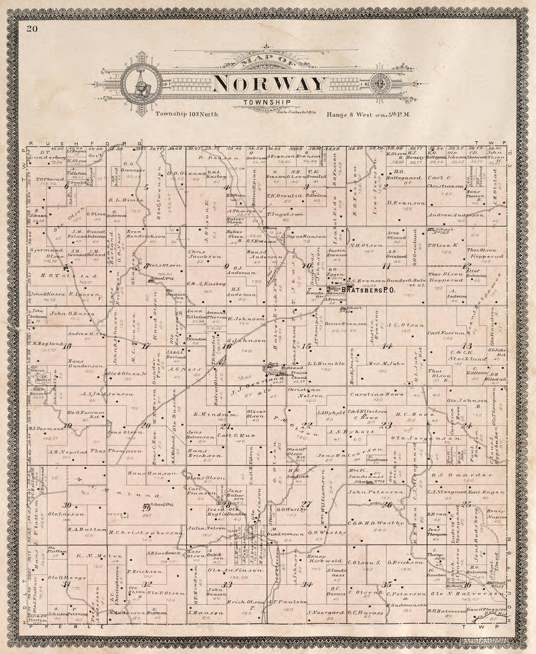 Norway Township from Standard Atlas of Fillmore County, Minnesota : Including a Plat Book of the Villages, Cities and Townships of the County, Map of the State, United States and World : Farmers Directory, Reference … 1896 by Relic Map Company