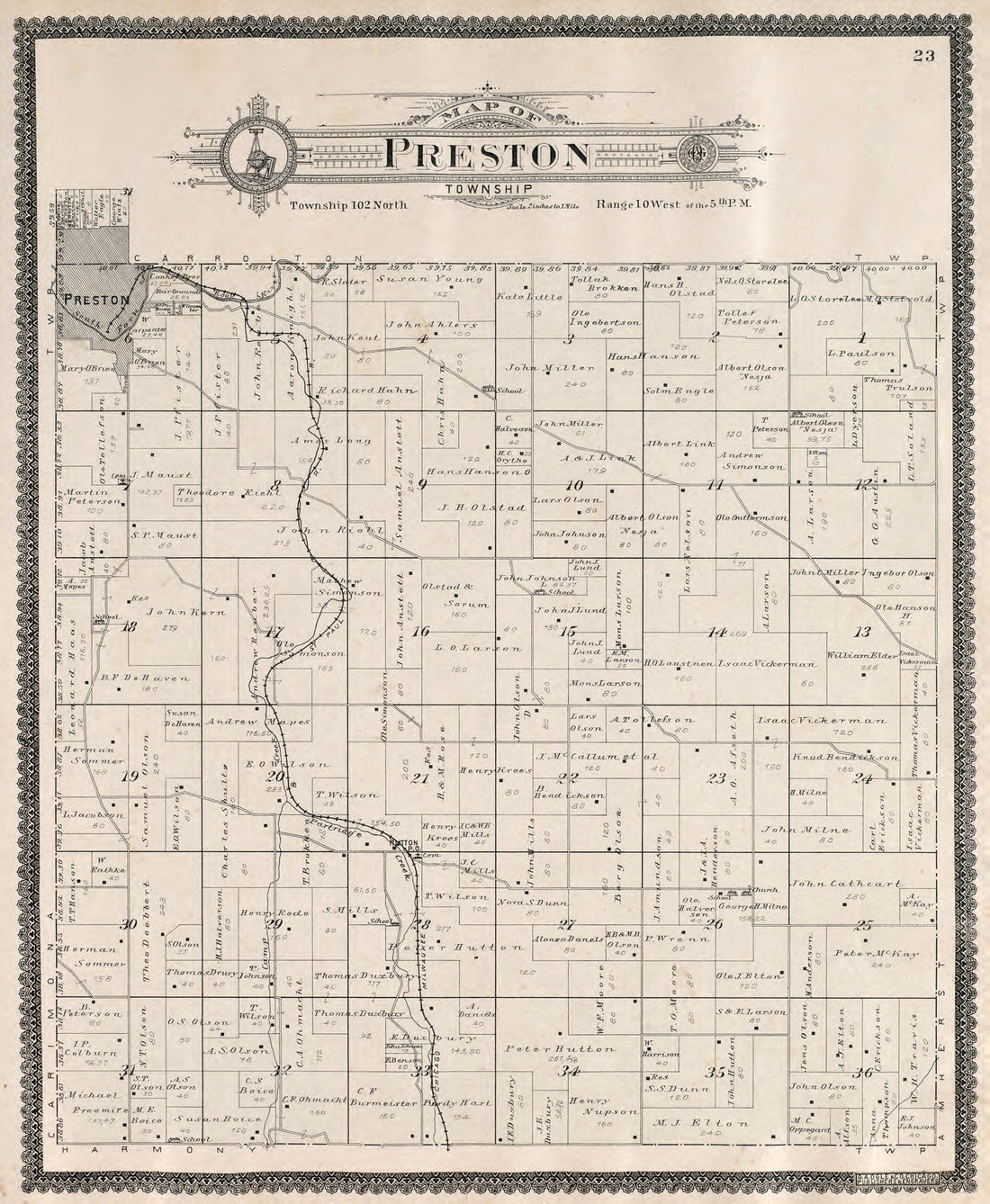 Preston Township from Standard Atlas of Fillmore County, Minnesota : Including a Plat Book of the Villages, Cities and Townships of the County, Map of the State, United States and World : Farmers Directory, Reference … 1896 by Relic Map Company