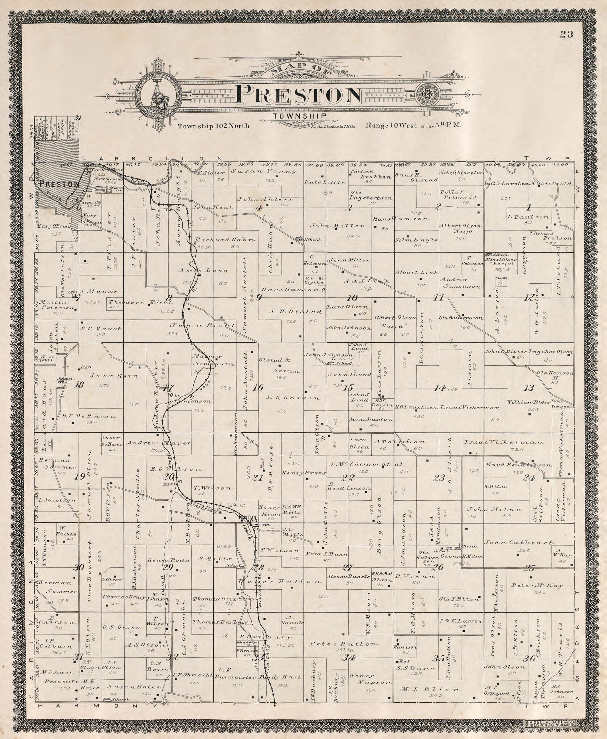 Preston Township from Standard Atlas of Fillmore County, Minnesota : Including a Plat Book of the Villages, Cities and Townships of the County, Map of the State, United States and World : Farmers Directory, Reference … 1896 by Relic Map Company