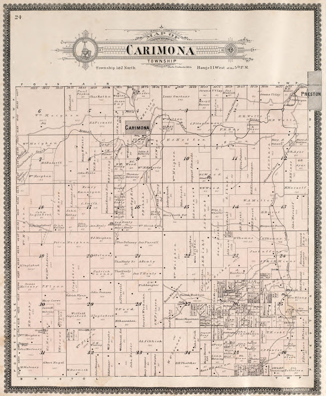 Carimona Township from Standard Atlas of Fillmore County, Minnesota : Including a Plat Book of the Villages, Cities and Townships of the County, Map of the State, United States and World : Farmers Directory, Reference … 1896 by Relic Map Company