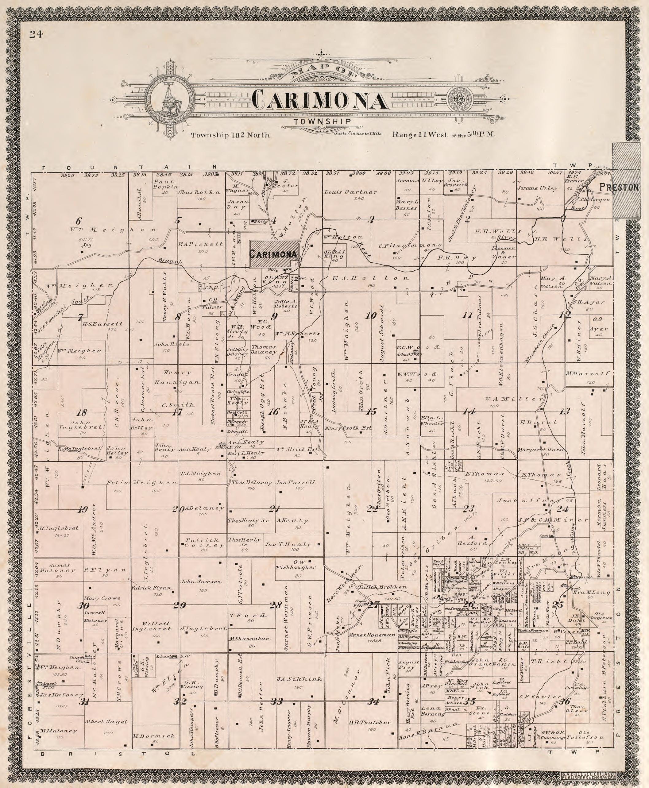 Carimona Township from Standard Atlas of Fillmore County, Minnesota : Including a Plat Book of the Villages, Cities and Townships of the County, Map of the State, United States and World : Farmers Directory, Reference … 1896 by Relic Map Company