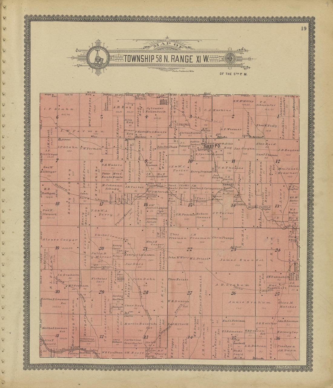 Map of Township 58 N. Range XI. W. from Standard Atlas of Shelby County, Missouri : Including a Plat Book of the Villages, Cities and Townships of the County, Map of the State, United States and World, Patrons Directory, Reference Business … 1902 by Relic Map Company