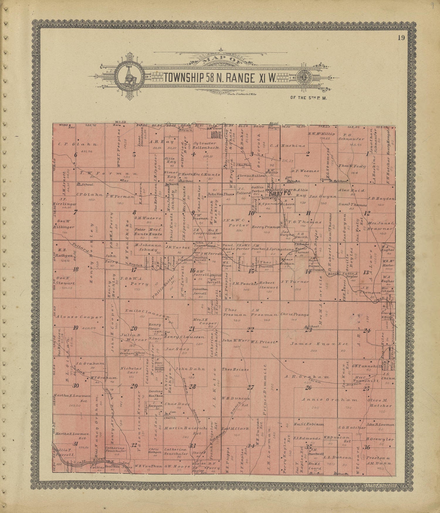 Map of Township 58 N. Range XI. W. from Standard Atlas of Shelby County, Missouri : Including a Plat Book of the Villages, Cities and Townships of the County, Map of the State, United States and World, Patrons Directory, Reference Business … 1902 by Relic Map Company