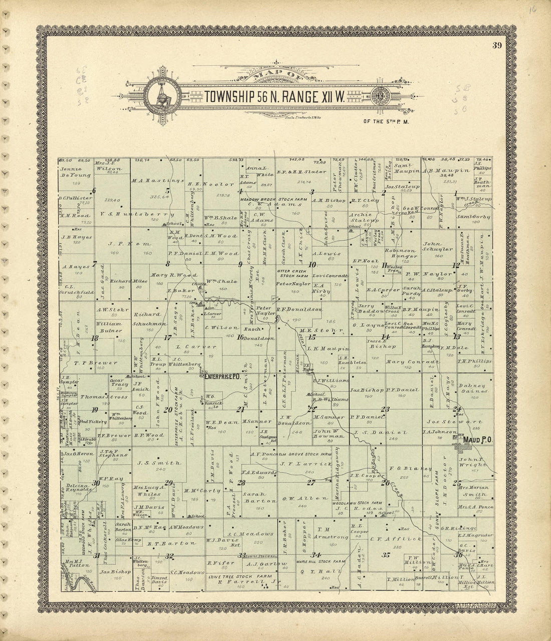 Map of Township 56 N. Range XII W. from Standard Atlas of Shelby County, Missouri : Including a Plat Book of the Villages, Cities and Townships of the County, Map of the State, United States and World, Patrons Directory, Reference Business … 1902 by Relic Map Company
