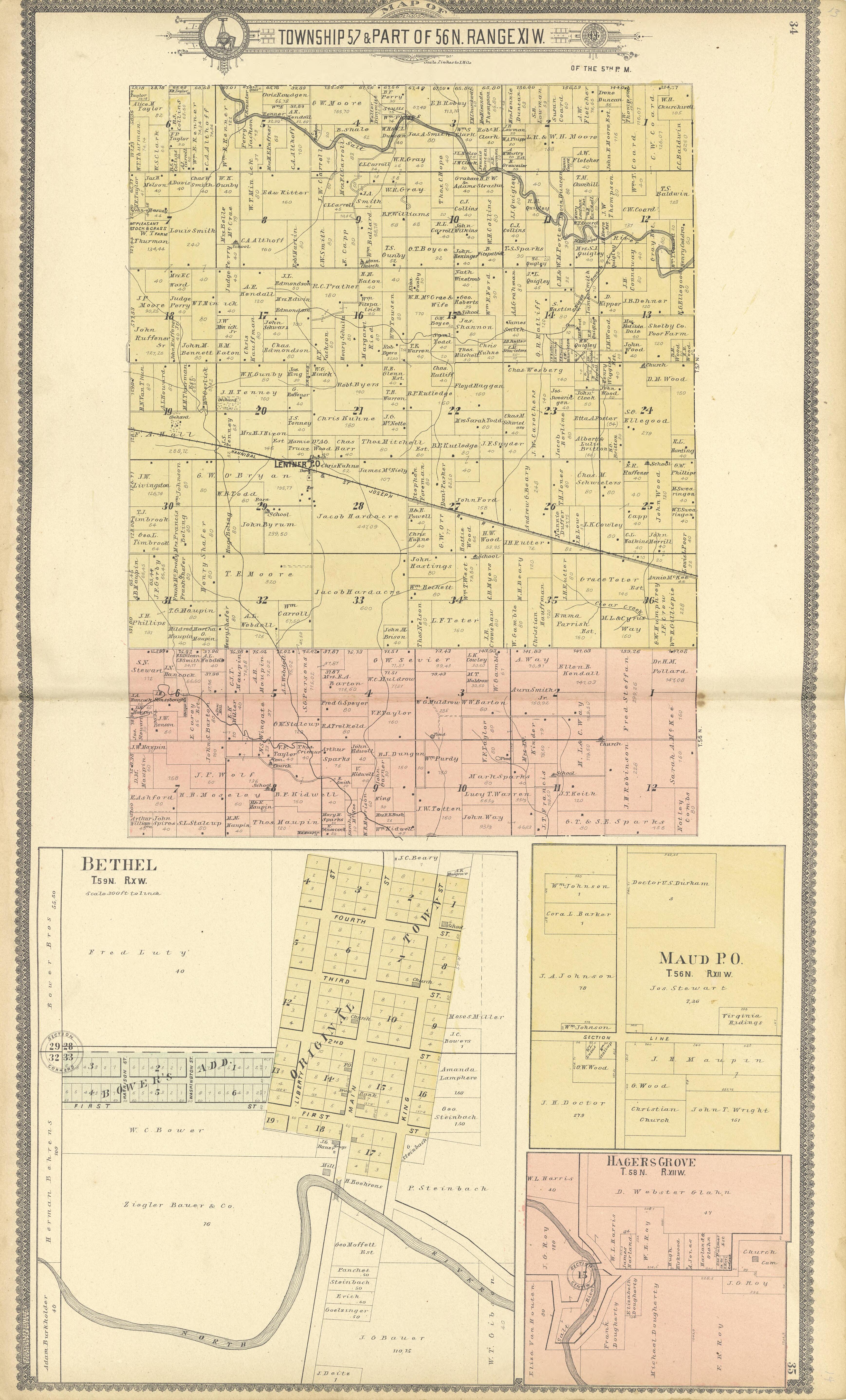 Map of Township 57 &amp; Part of 56 N. Range XI W.; Hunnewell from Standard Atlas of Shelby County, Missouri : Including a Plat Book of the Villages, Cities and Townships of the County, Map of the State, United States and World, Patrons Directory, Referen... by Relic Map Company