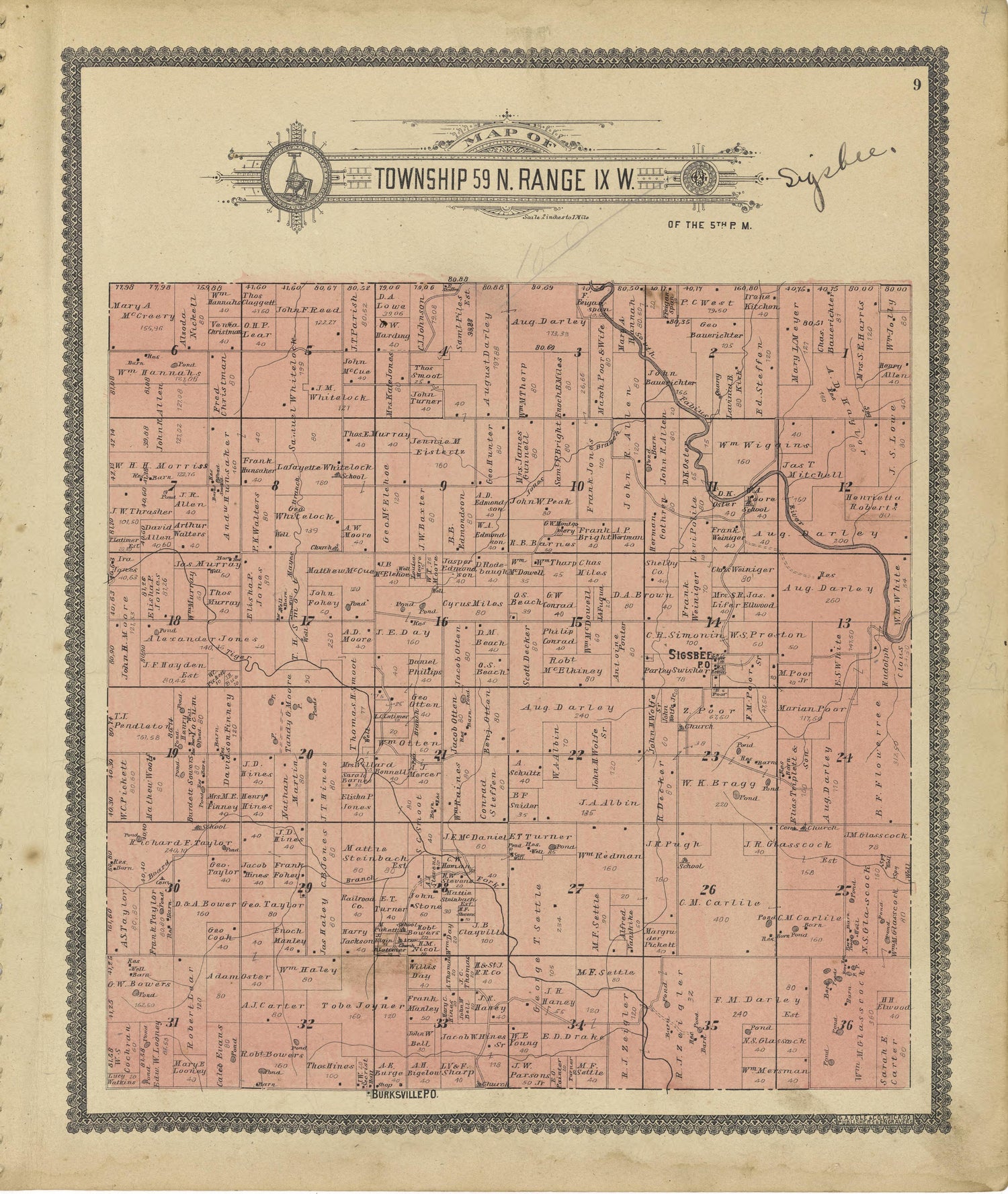 Map of Township 59 N. Range IX. W. from Standard Atlas of Shelby County, Missouri : Including a Plat Book of the Villages, Cities and Townships of the County, Map of the State, United States and World, Patrons Directory, Reference Business … 1902 by Relic Map Company