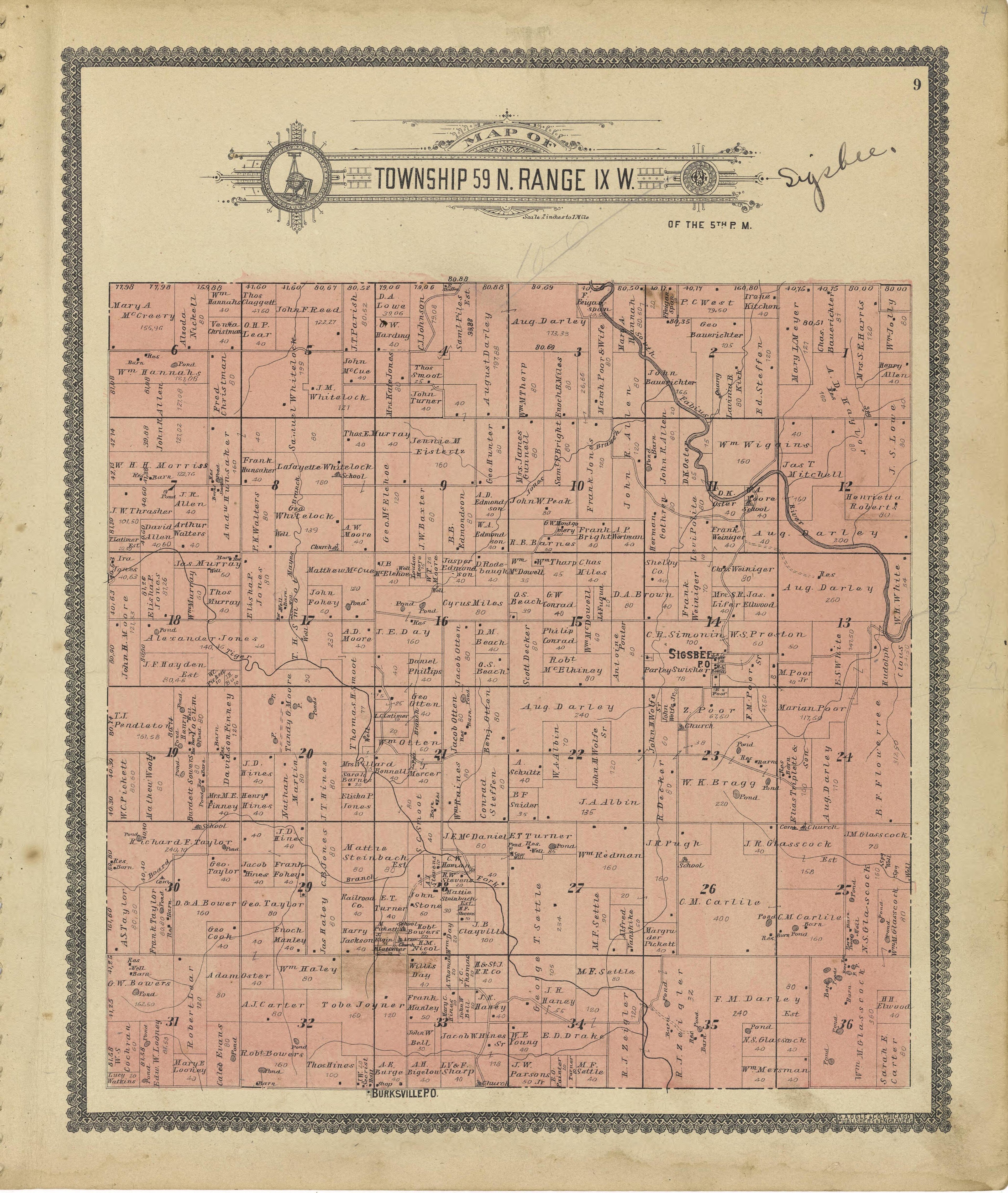 Map of Township 59 N. Range IX. W. from Standard Atlas of Shelby County, Missouri : Including a Plat Book of the Villages, Cities and Townships of the County, Map of the State, United States and World, Patrons Directory, Reference Business … 1902 by Relic Map Company