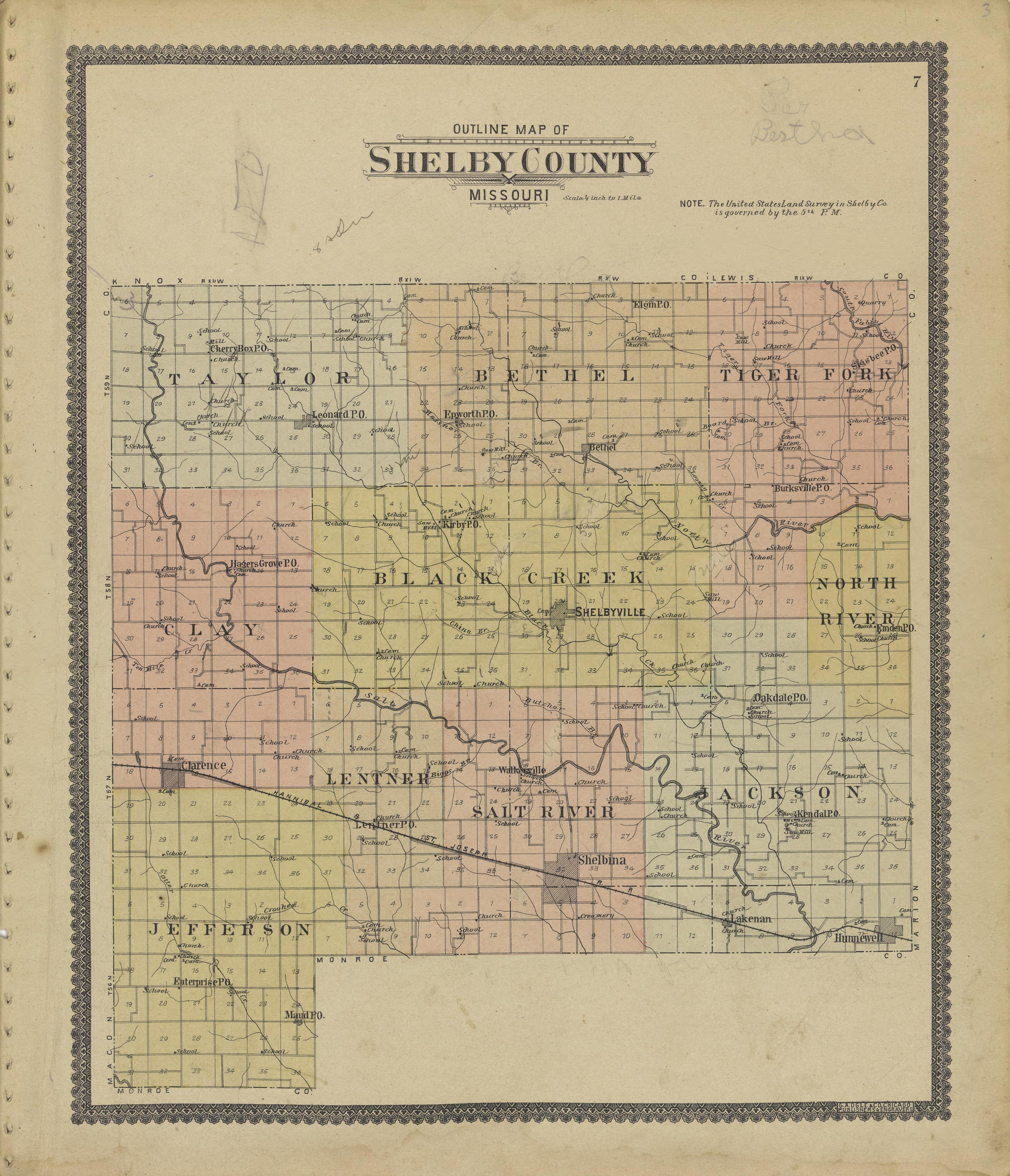 Outline Map of Shelby County Missouri from Standard Atlas of Shelby County, Missouri : Including a Plat Book of the Villages, Cities and Townships of the County, Map of the State, United States and World, Patrons Directory, Reference Business … 1902 by Relic Map Company