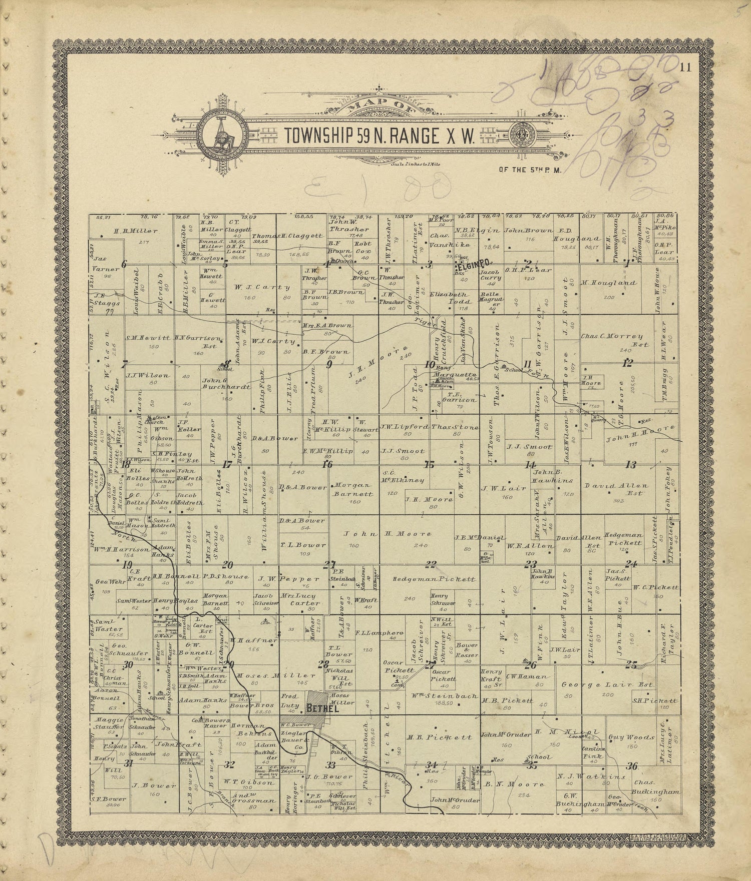 Map of Township 59 N. Range X. W. from Standard Atlas of Shelby County, Missouri : Including a Plat Book of the Villages, Cities and Townships of the County, Map of the State, United States and World, Patrons Directory, Reference Business … 1902 by Relic Map Company