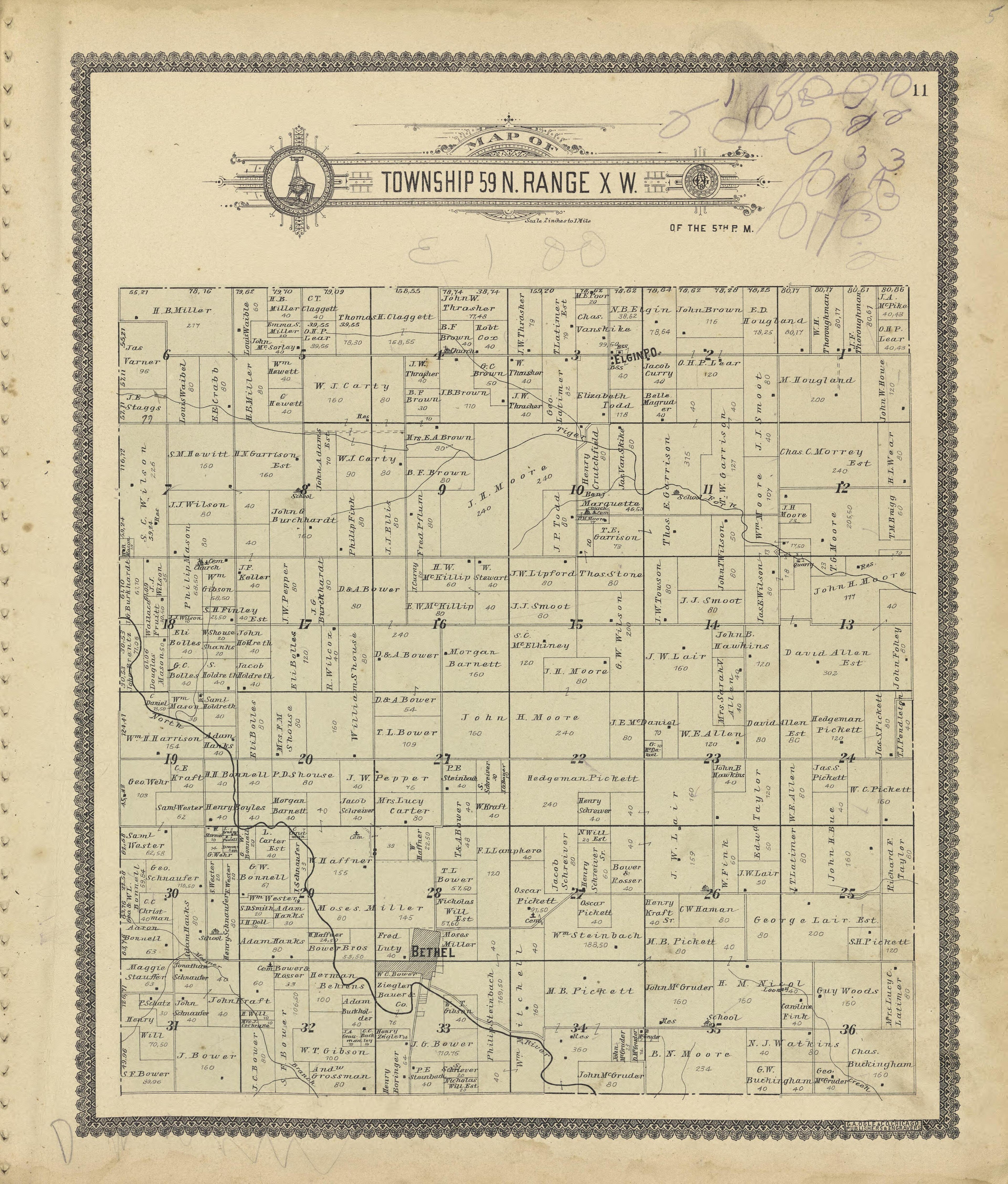 Map of Township 59 N. Range X. W. from Standard Atlas of Shelby County, Missouri : Including a Plat Book of the Villages, Cities and Townships of the County, Map of the State, United States and World, Patrons Directory, Reference Business … 1902 by Relic Map Company
