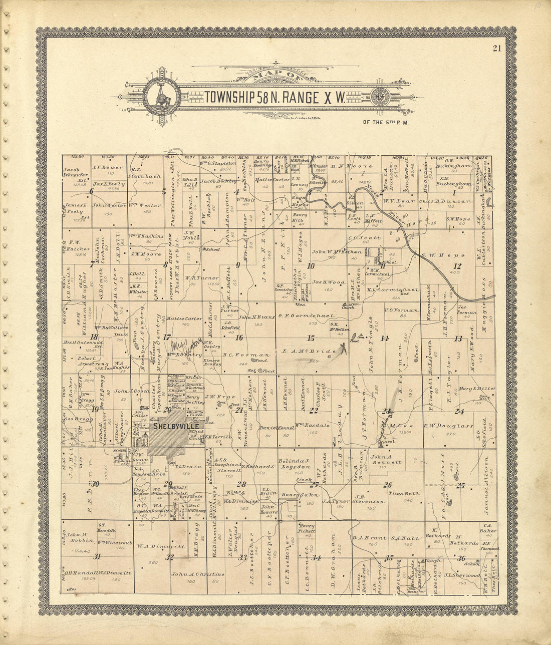 Map of Township 58 N. Range X. W. from Standard Atlas of Shelby County, Missouri : Including a Plat Book of the Villages, Cities and Townships of the County, Map of the State, United States and World, Patrons Directory, Reference Business … 1902 by Relic Map Company