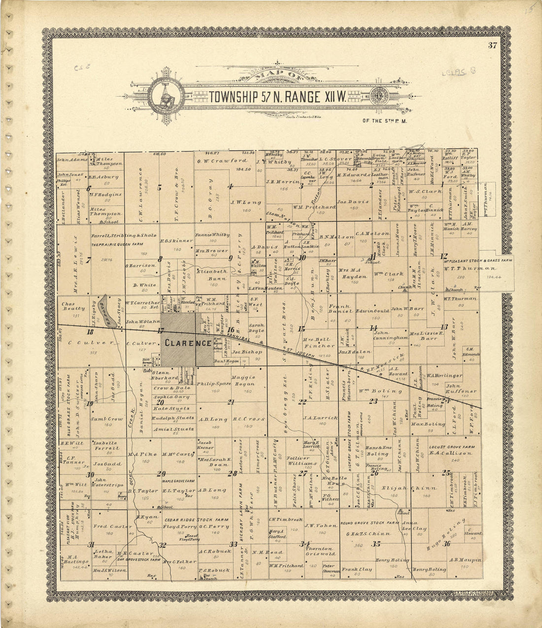 Map of Township 57 N. Range XII W. from Standard Atlas of Shelby County, Missouri : Including a Plat Book of the Villages, Cities and Townships of the County, Map of the State, United States and World, Patrons Directory, Reference Business … 1902 by Relic Map Company