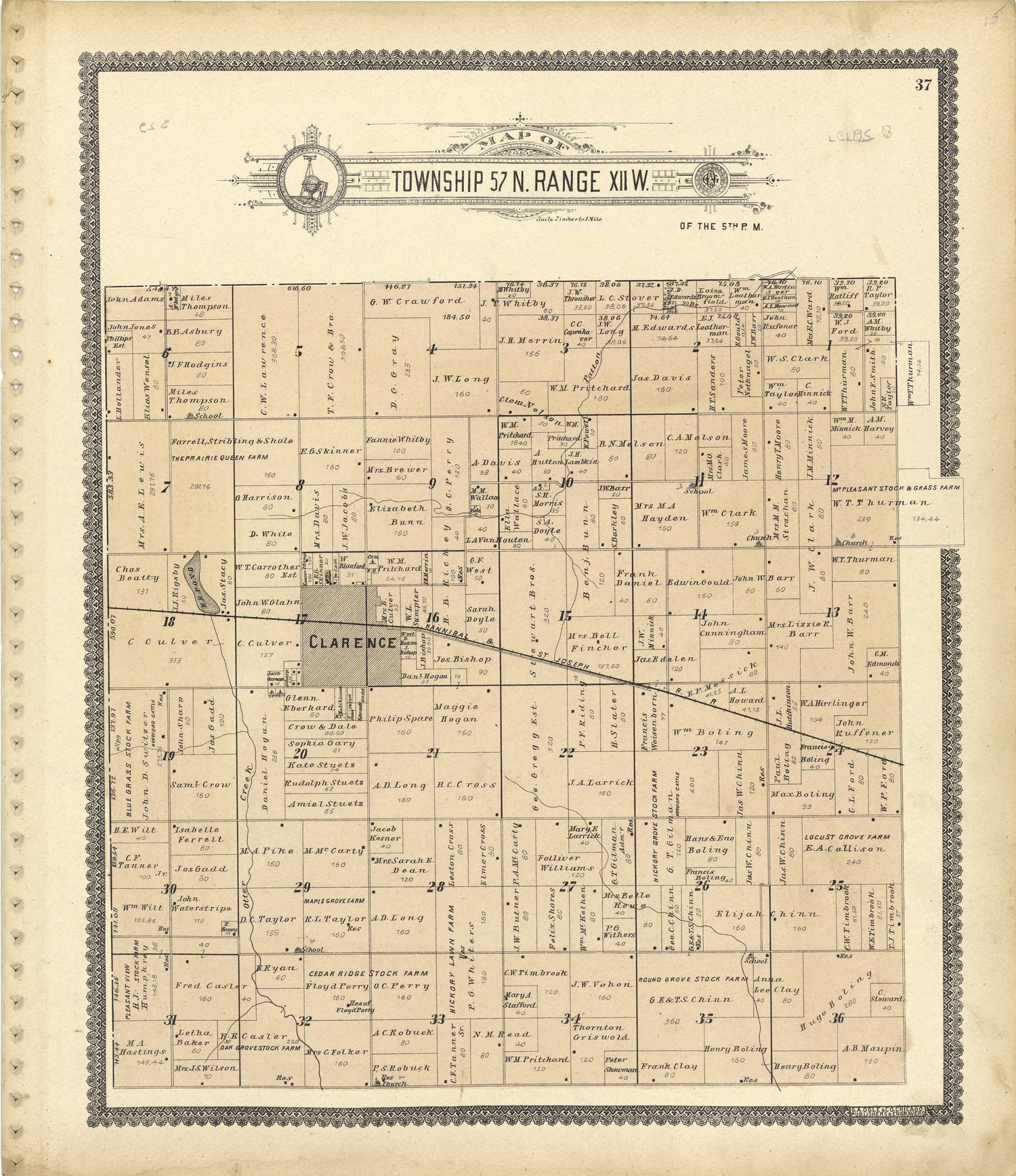 Map of Township 57 N. Range XII W. from Standard Atlas of Shelby County, Missouri : Including a Plat Book of the Villages, Cities and Townships of the County, Map of the State, United States and World, Patrons Directory, Reference Business … 1902 by Relic Map Company