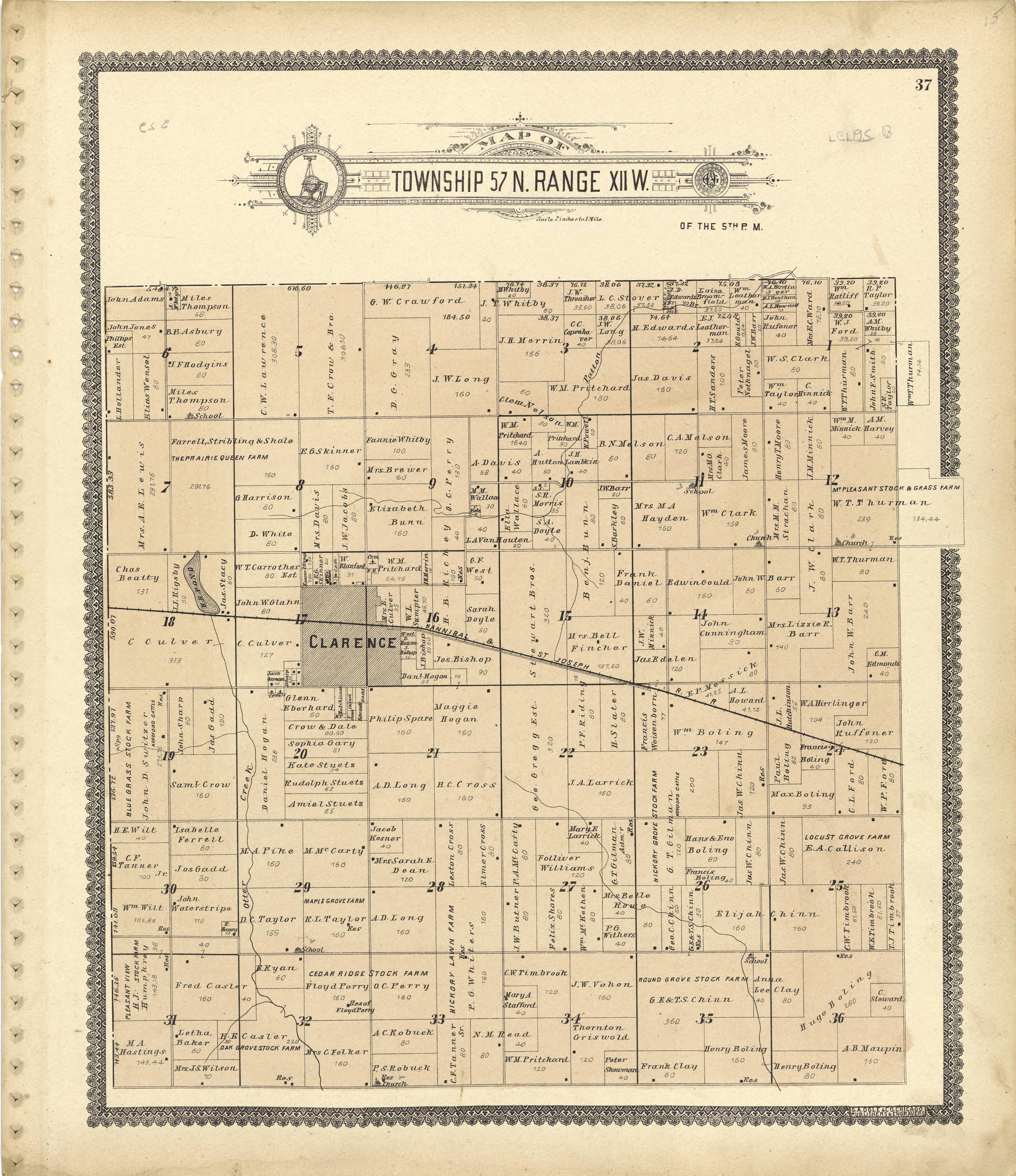 Map of Township 57 N. Range XII W. from Standard Atlas of Shelby County, Missouri : Including a Plat Book of the Villages, Cities and Townships of the County, Map of the State, United States and World, Patrons Directory, Reference Business … 1902 by Relic Map Company