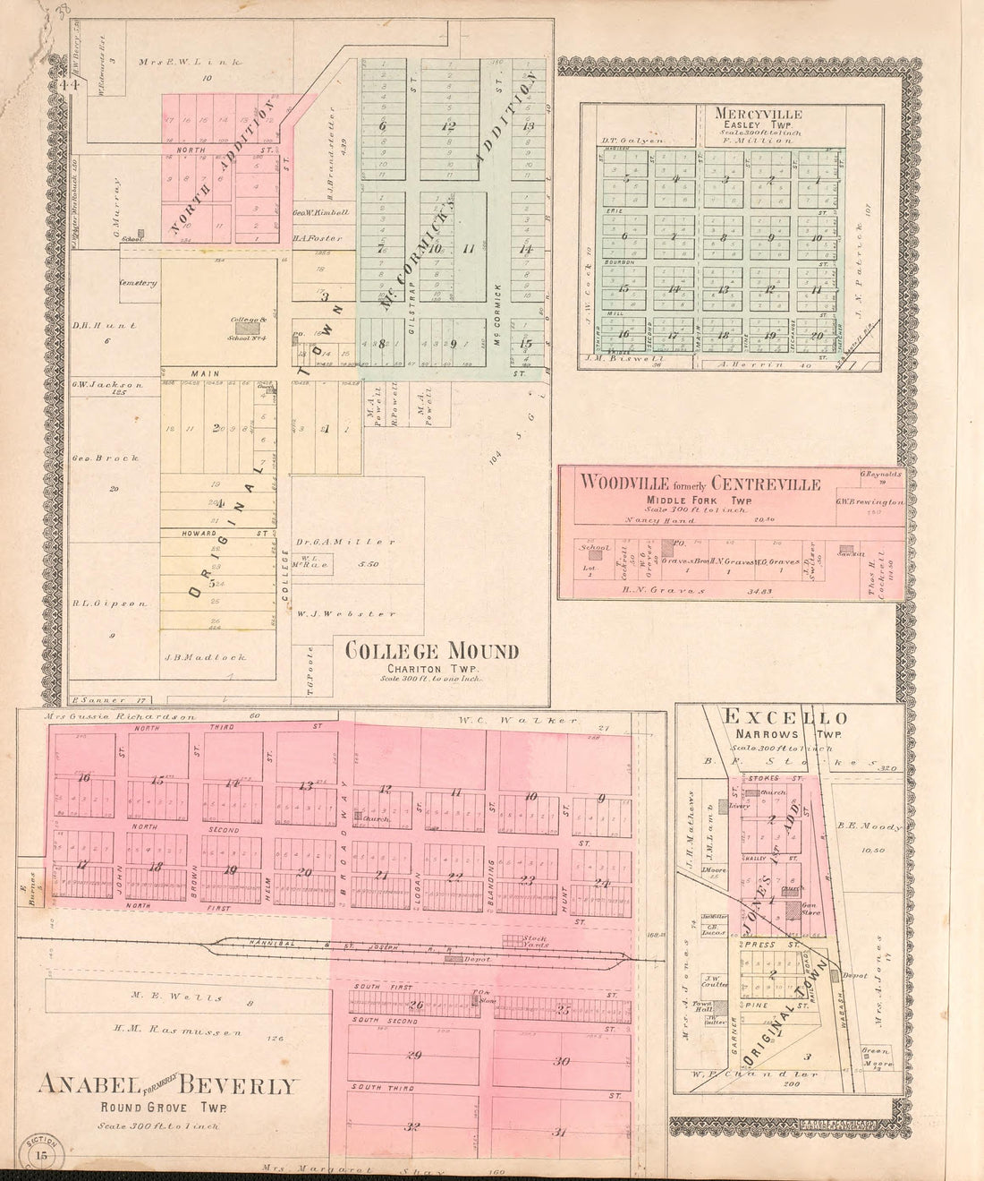 College Mound, Mercyville, Excello, Etc. from Standard Atlas of Macon County, Missouri : Including a Plat Book of the Villages, Cities and Townships of the County, Map of the State, United States and World : Farmers Directory, Reference … 1897 by Relic Map Company
