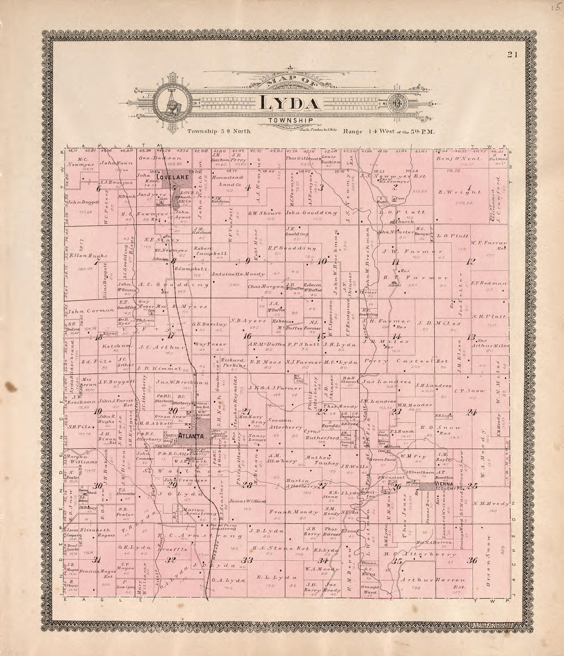 Lyda Township from Standard Atlas of Macon County, Missouri : Including a Plat Book of the Villages, Cities and Townships of the County, Map of the State, United States and World : Farmers Directory, Reference … 1897 by Relic Map Company