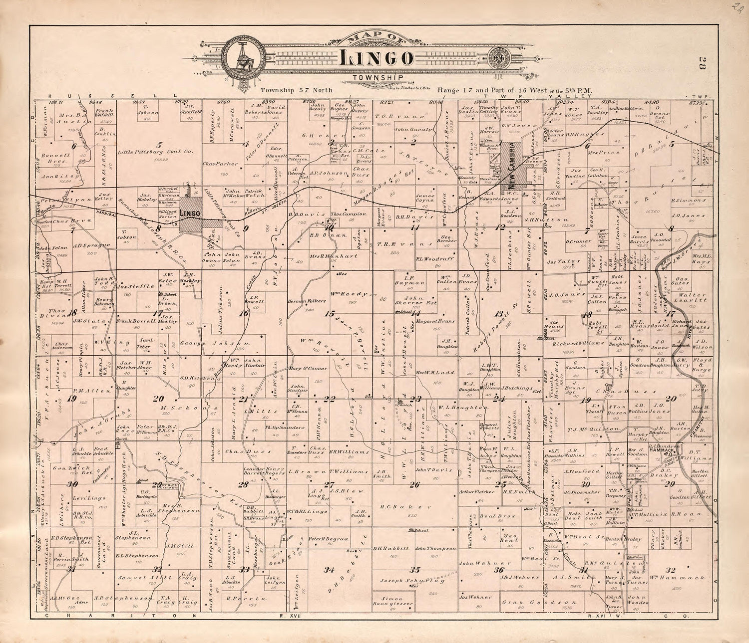 Lingo Township from Standard Atlas of Macon County, Missouri : Including a Plat Book of the Villages, Cities and Townships of the County, Map of the State, United States and World : Farmers Directory, Reference … 1897 by Relic Map Company