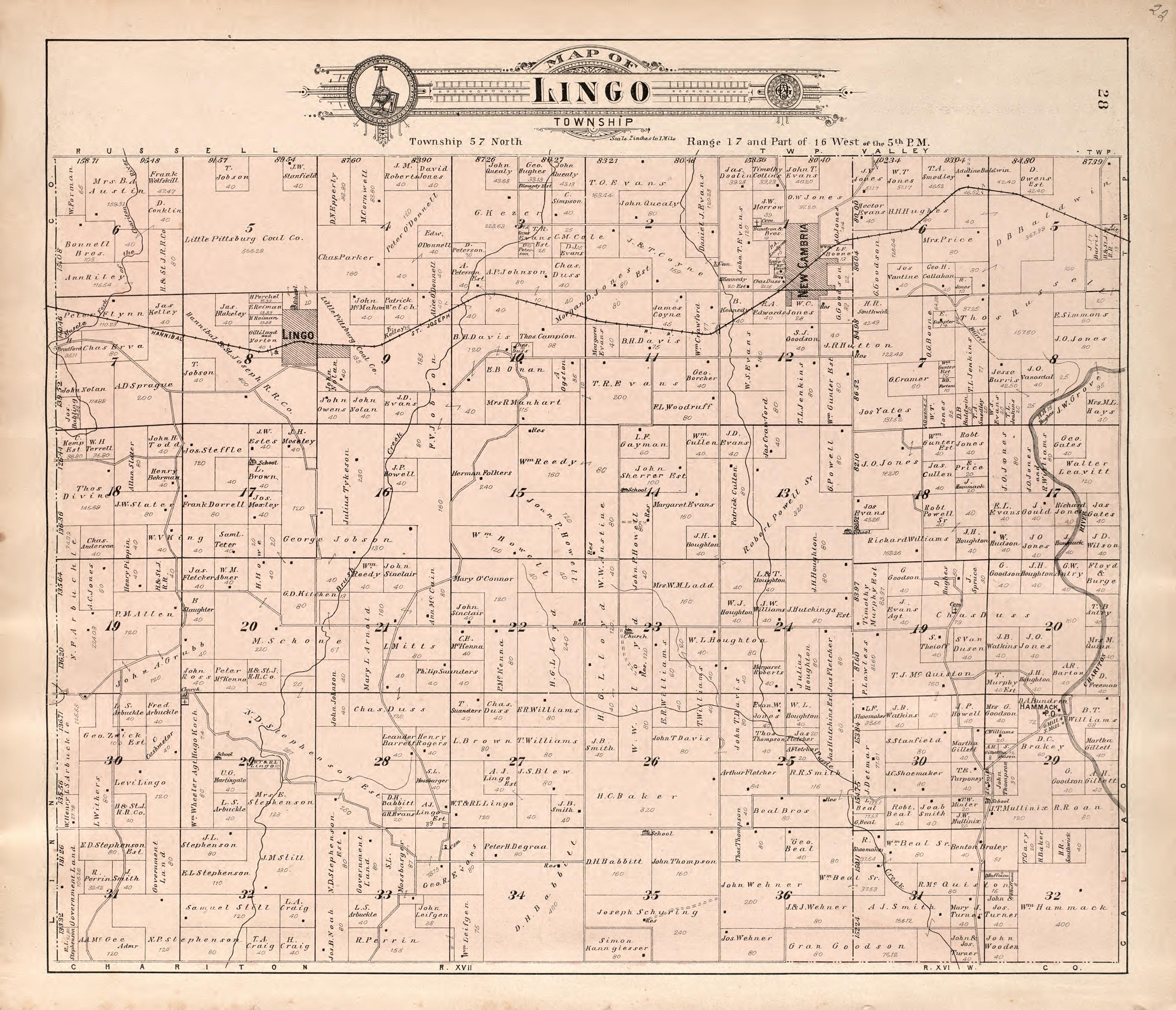 Lingo Township from Standard Atlas of Macon County, Missouri : Including a Plat Book of the Villages, Cities and Townships of the County, Map of the State, United States and World : Farmers Directory, Reference … 1897 by Relic Map Company