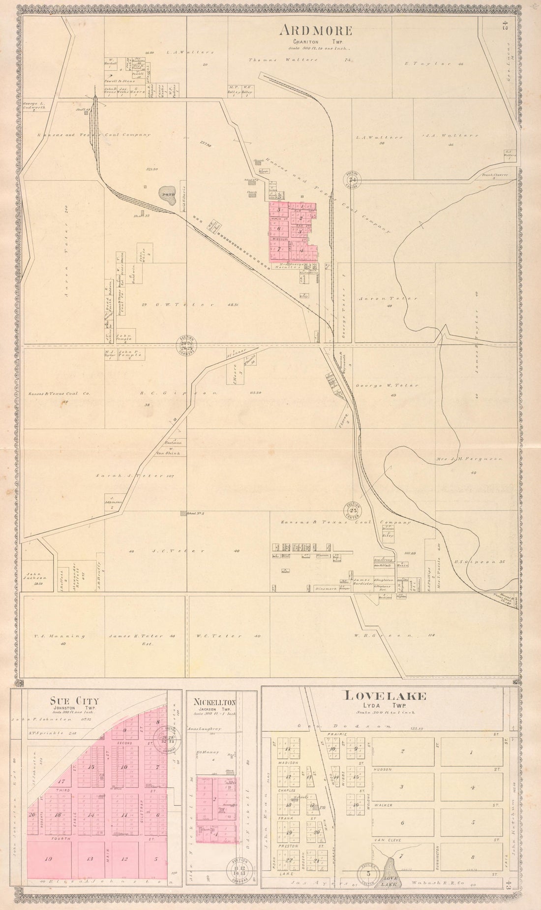 Ardmore, Sue City, &amp; Lovelake Regions from Standard Atlas of Macon County, Missouri : Including a Plat Book of the Villages, Cities and Townships of the County, Map of the State, United States and World : Farmers Directory, Reference … 1897 by Relic Map Company