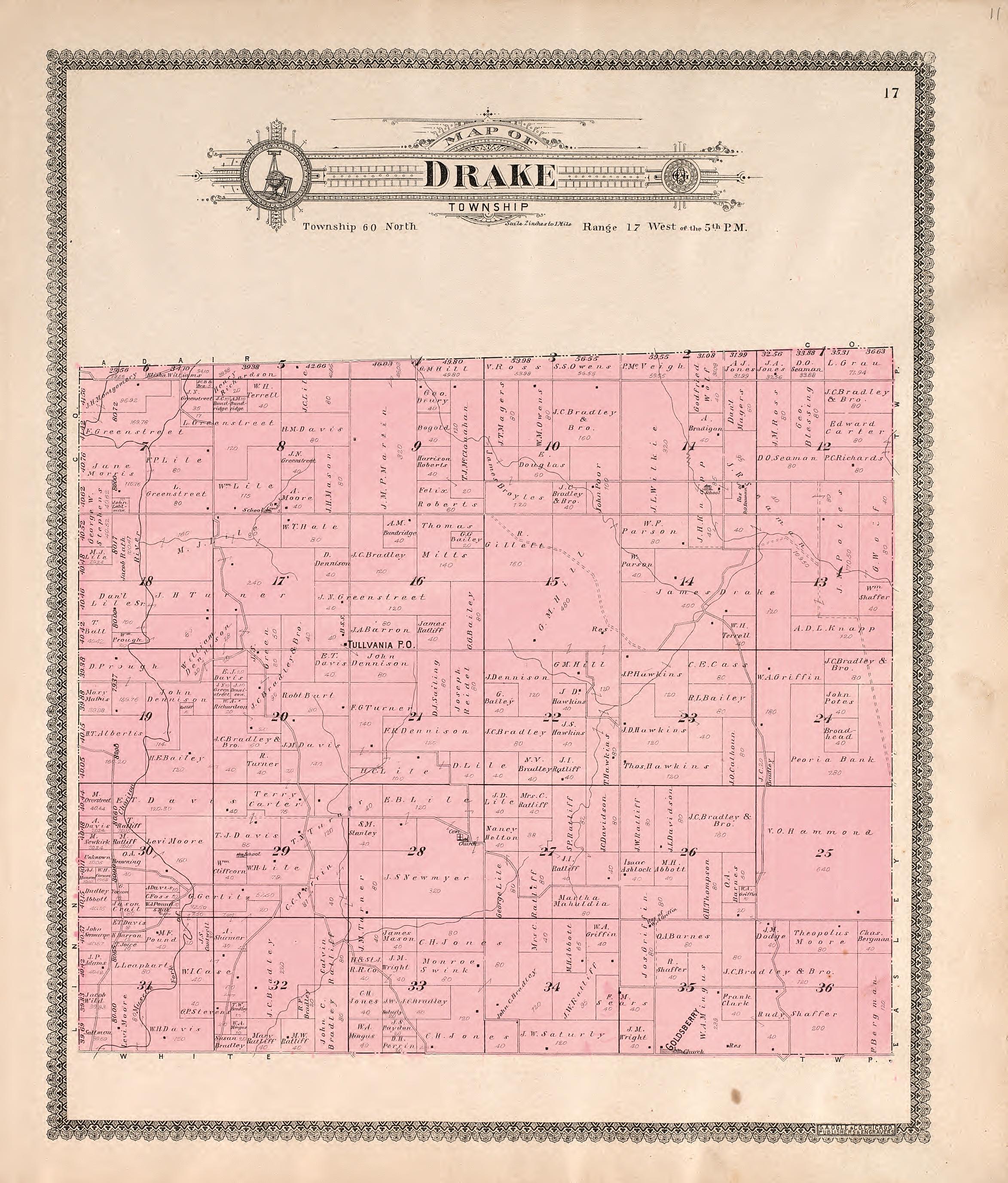 Drake Township from Standard Atlas of Macon County, Missouri : Including a Plat Book of the Villages, Cities and Townships of the County, Map of the State, United States and World : Farmers Directory, Reference … 1897 by Relic Map Company