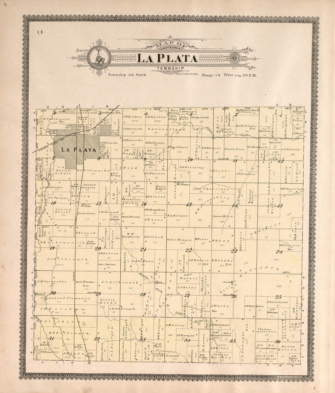 La Plata Township from Standard Atlas of Macon County, Missouri : Including a Plat Book of the Villages, Cities and Townships of the County, Map of the State, United States and World : Farmers Directory, Reference … 1897 by Relic Map Company