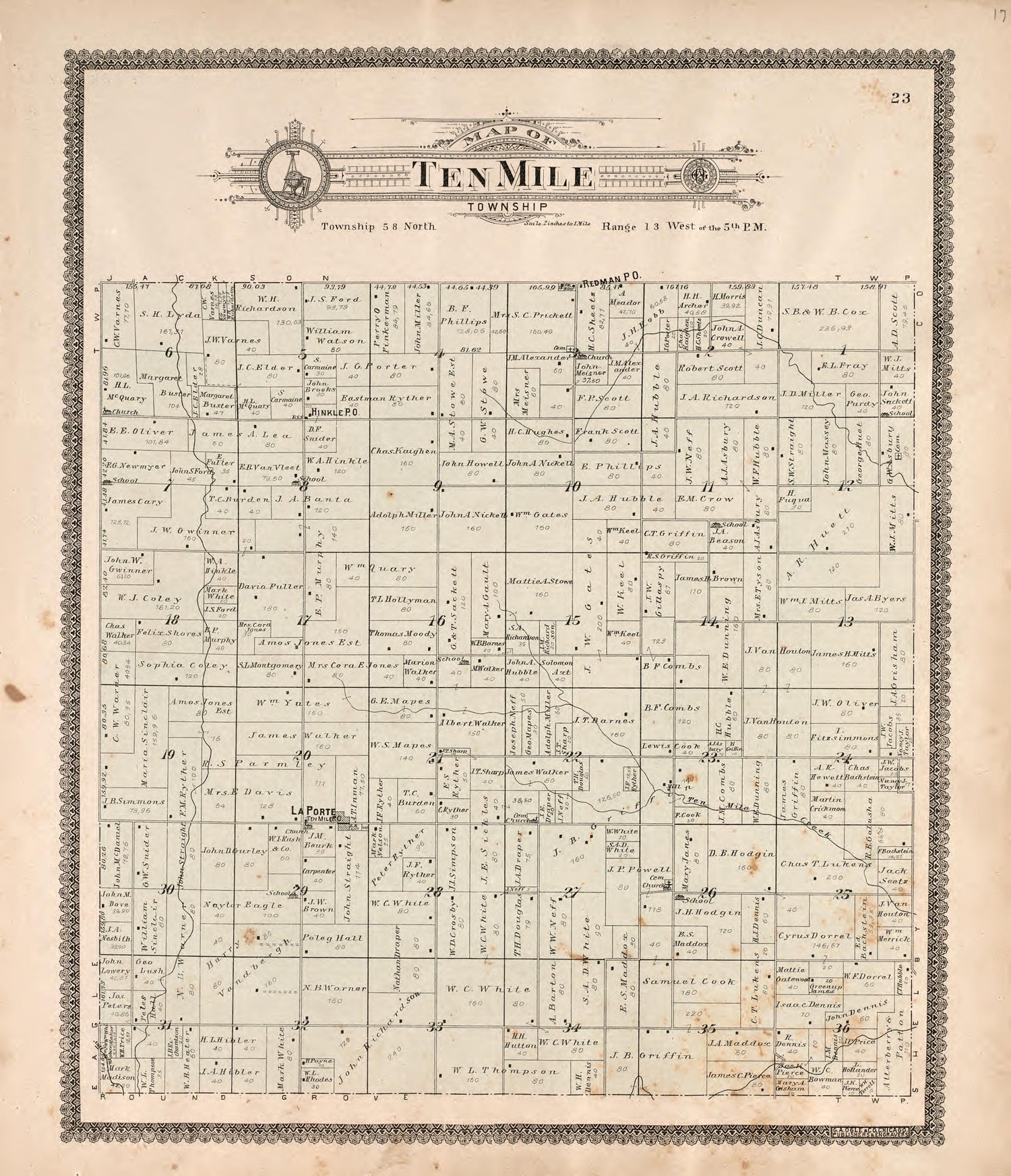 Ten Mile Township from Standard Atlas of Macon County, Missouri : Including a Plat Book of the Villages, Cities and Townships of the County, Map of the State, United States and World : Farmers Directory, Reference … 1897 by Relic Map Company
