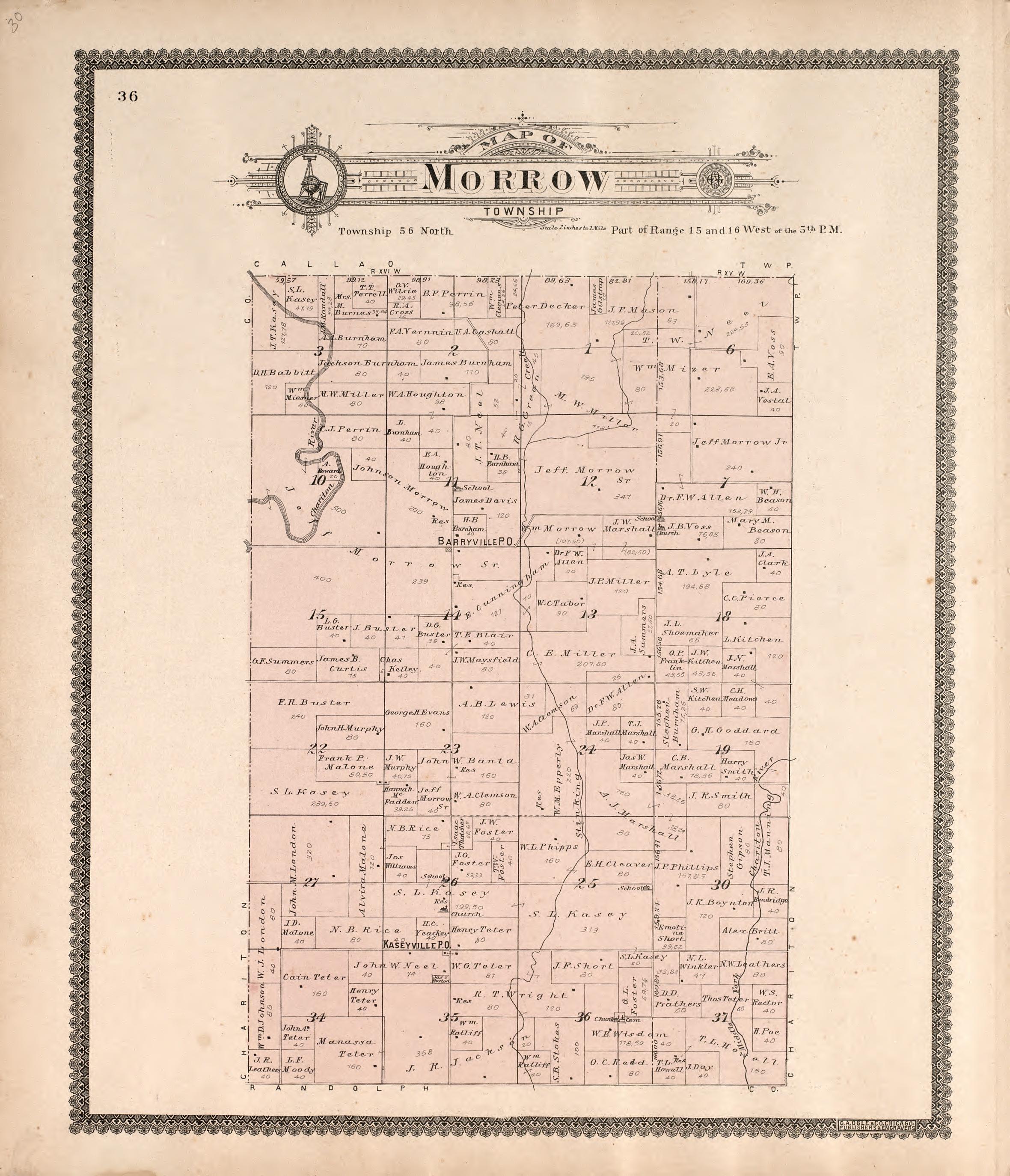 Morrow Township from Standard Atlas of Macon County, Missouri : Including a Plat Book of the Villages, Cities and Townships of the County, Map of the State, United States and World : Farmers Directory, Reference … 1897 by Relic Map Company