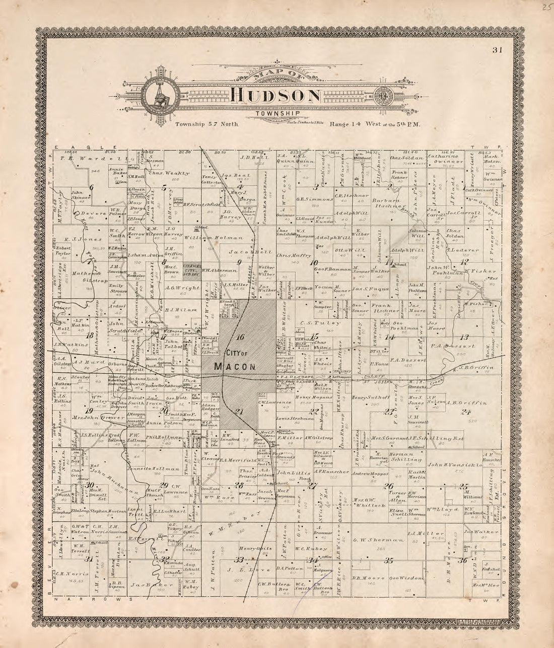 Hudson Township from Standard Atlas of Macon County, Missouri : Including a Plat Book of the Villages, Cities and Townships of the County, Map of the State, United States and World : Farmers Directory, Reference … 1897 by Relic Map Company