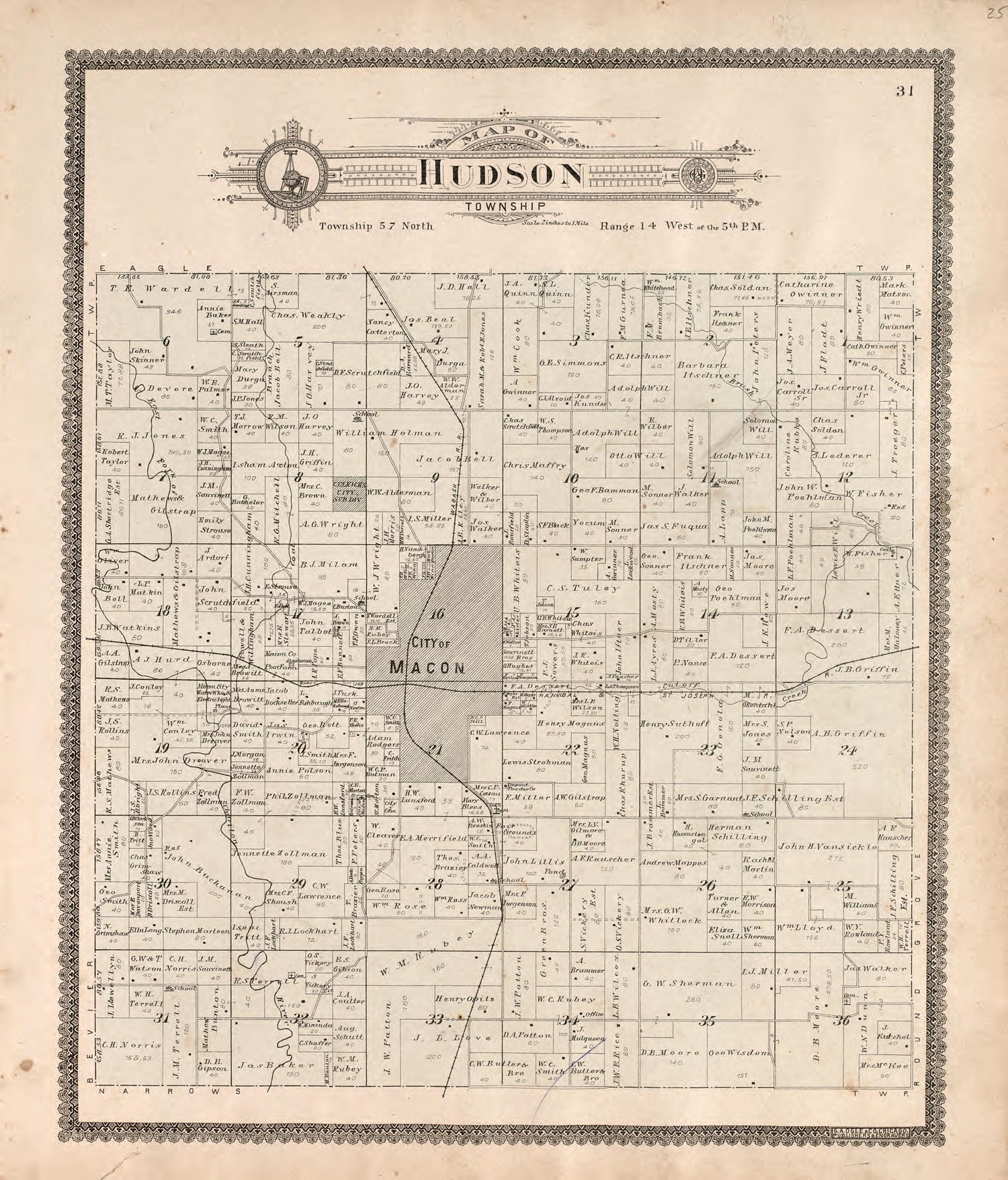 Hudson Township from Standard Atlas of Macon County, Missouri : Including a Plat Book of the Villages, Cities and Townships of the County, Map of the State, United States and World : Farmers Directory, Reference … 1897 by Relic Map Company