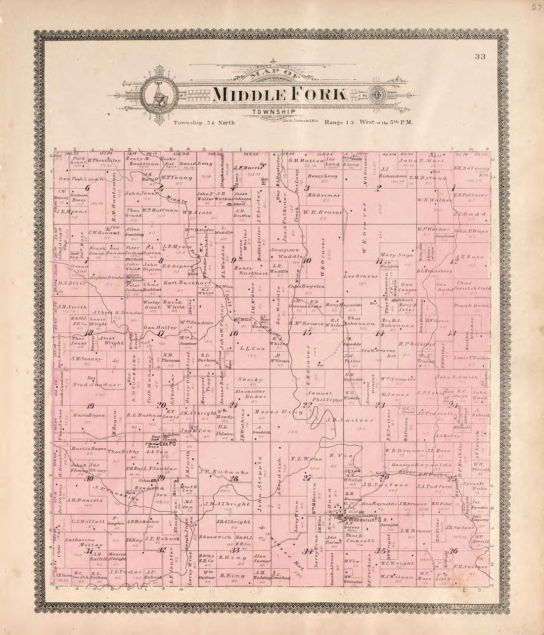 Middle Fork Township from Standard Atlas of Macon County, Missouri : Including a Plat Book of the Villages, Cities and Townships of the County, Map of the State, United States and World : Farmers Directory, Reference … 1897 by Relic Map Company