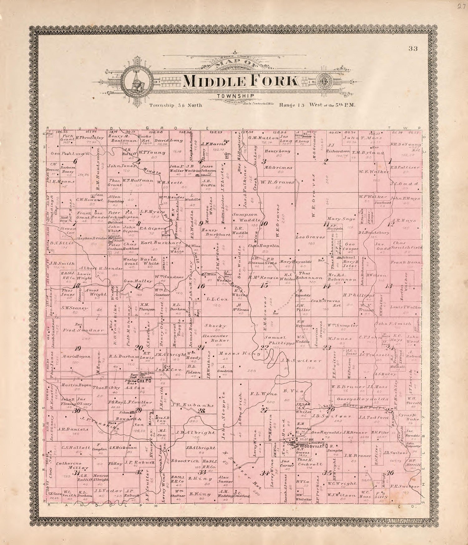 Middle Fork Township from Standard Atlas of Macon County, Missouri : Including a Plat Book of the Villages, Cities and Townships of the County, Map of the State, United States and World : Farmers Directory, Reference … 1897 by Relic Map Company