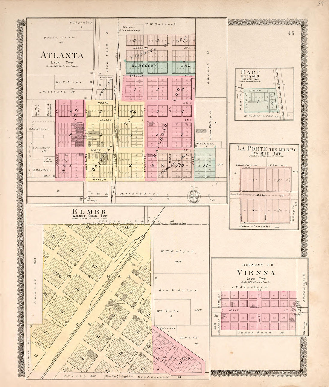 Atlanta, Hart, La Porte, Elmer, &amp; Vienna from Standard Atlas of Macon County, Missouri : Including a Plat Book of the Villages, Cities and Townships of the County, Map of the State, United States and World : Farmers Directory, Reference … 1897 by Relic Map Company