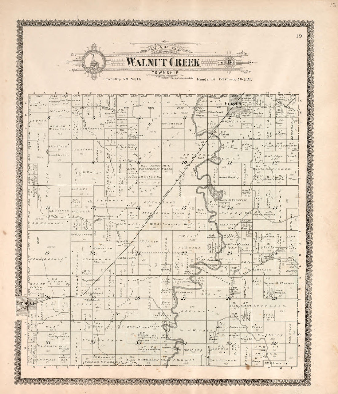Walnut Creek Towsnhip from Standard Atlas of Macon County, Missouri : Including a Plat Book of the Villages, Cities and Townships of the County, Map of the State, United States and World : Farmers Directory, Reference … 1897 by Relic Map Company